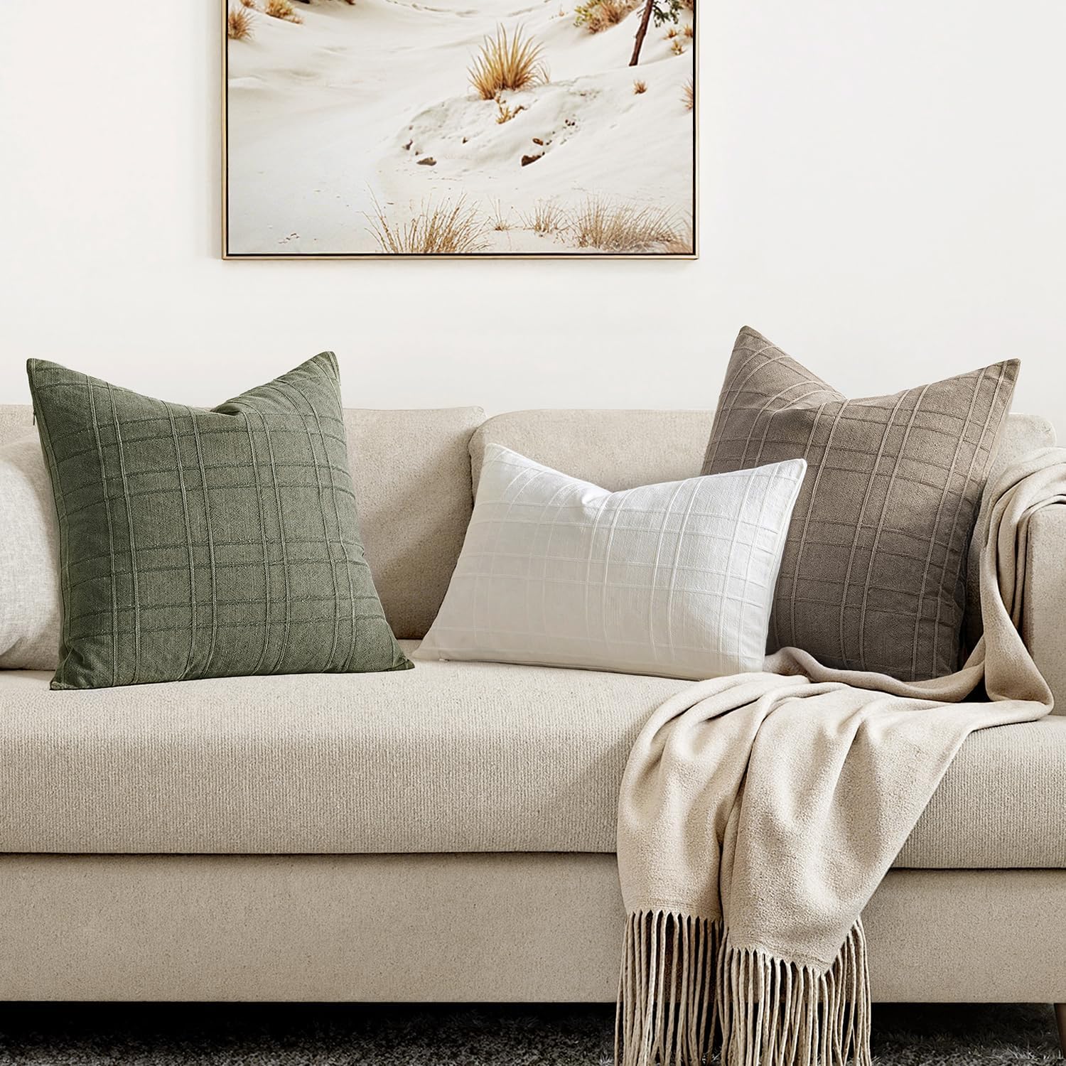 Decorative Linen Check Throw Pillow Covers Neutral Farmhouse / 18 x 18 / Olive Green / Set of 2