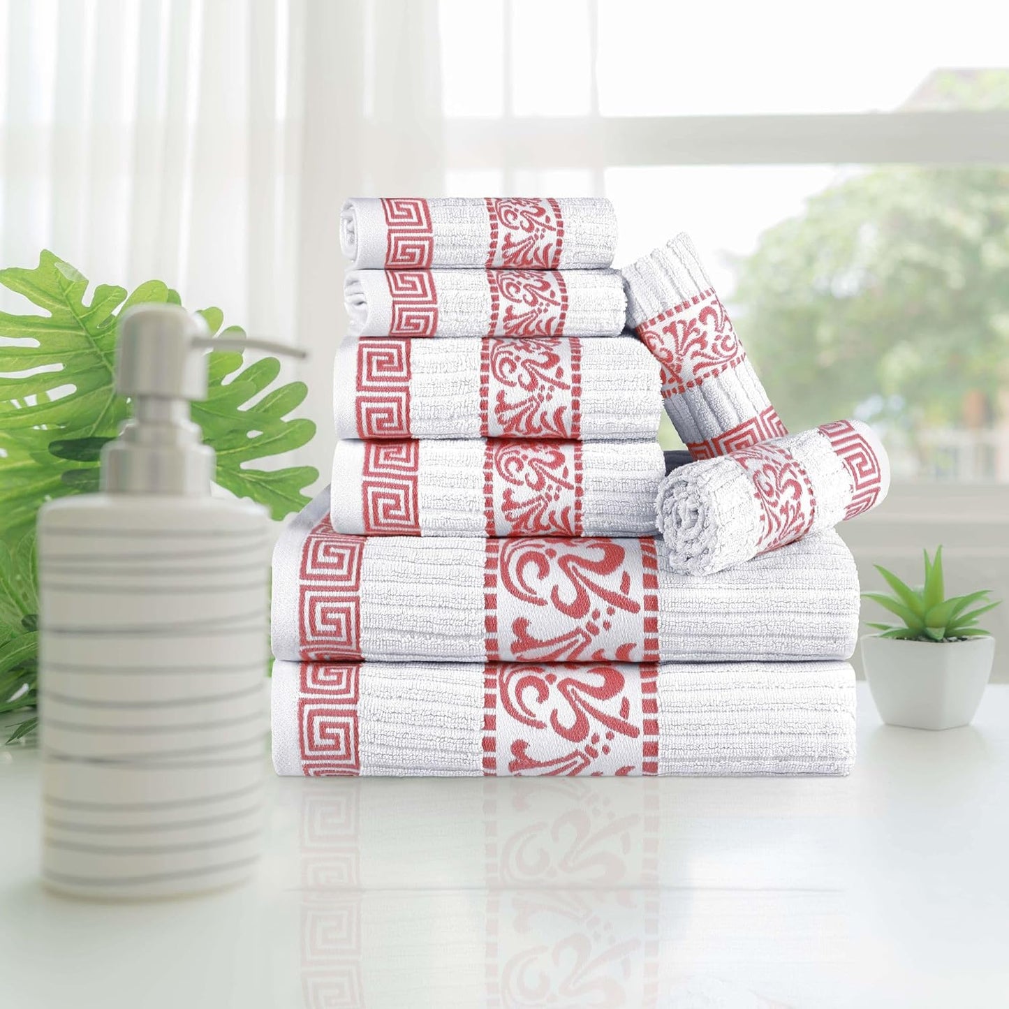 Superior 8-Piece Cotton Towel Set, Decorative Greek Pattern, Home Essentials, Absorbent Towels, Decor for Bathroom