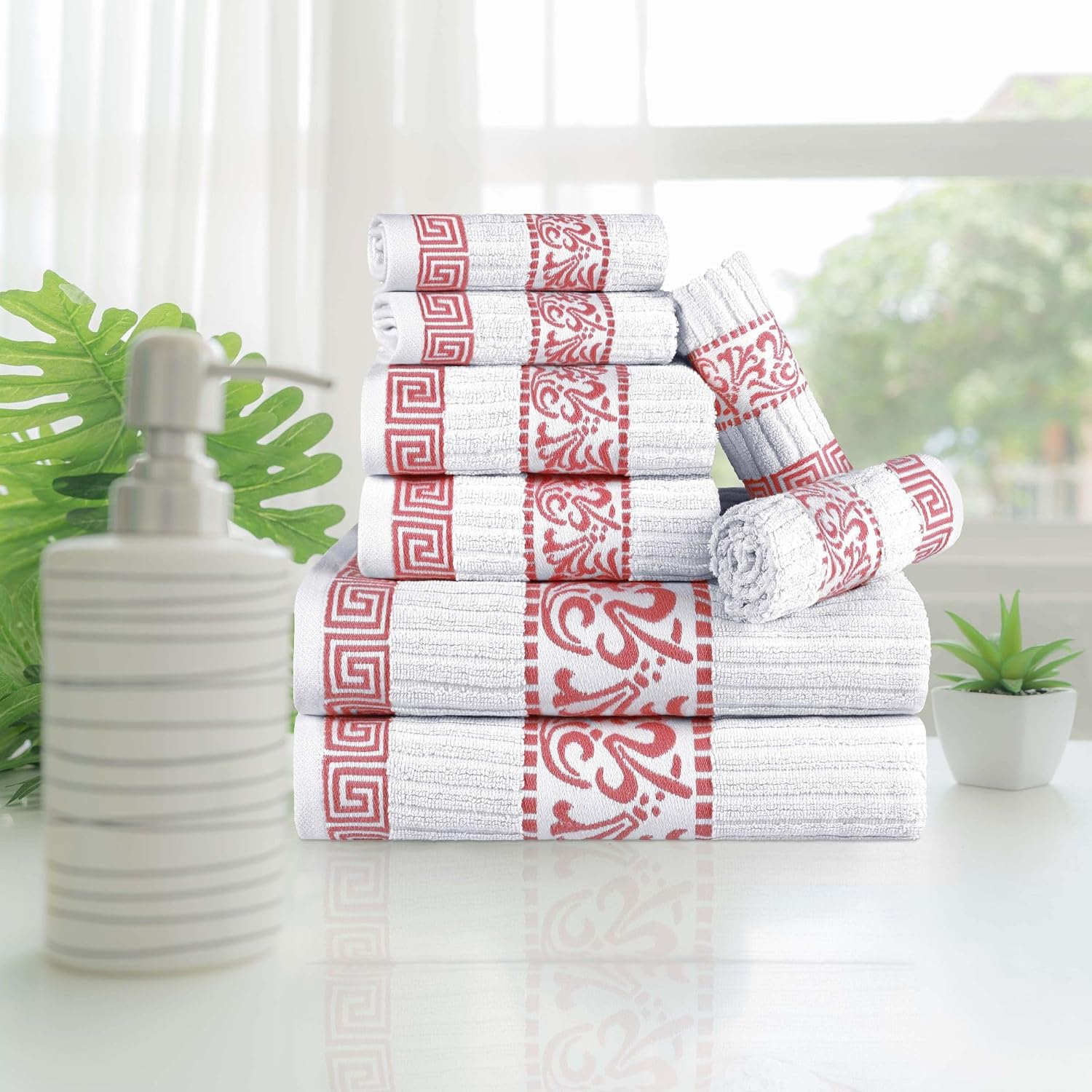 Superior 8-Piece Cotton Towel Set, Decorative Greek Pattern, Home Essentials, Absorbent Towels, Decor for Bathroom