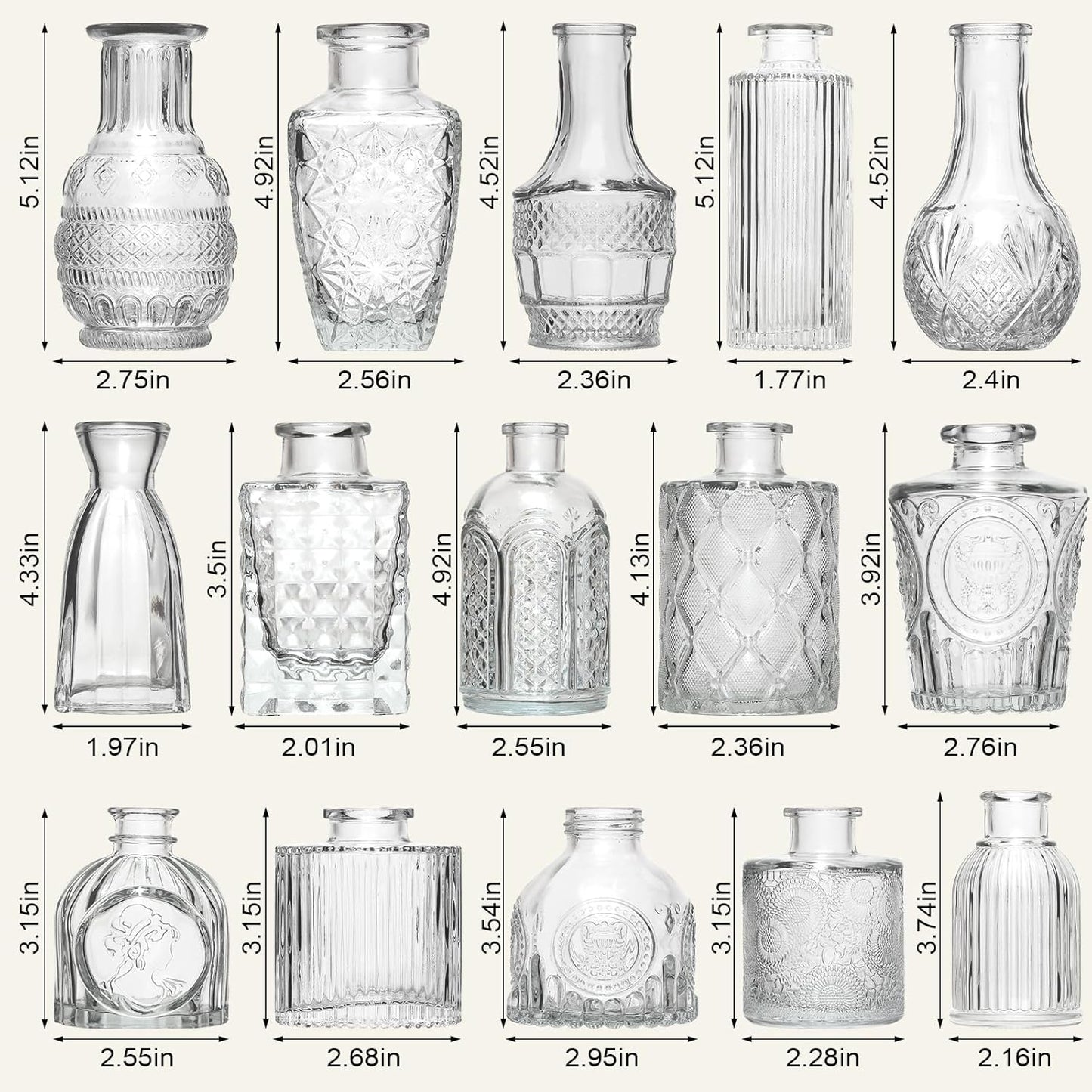 Glass Bud Vase Set / Clear / Set of 16