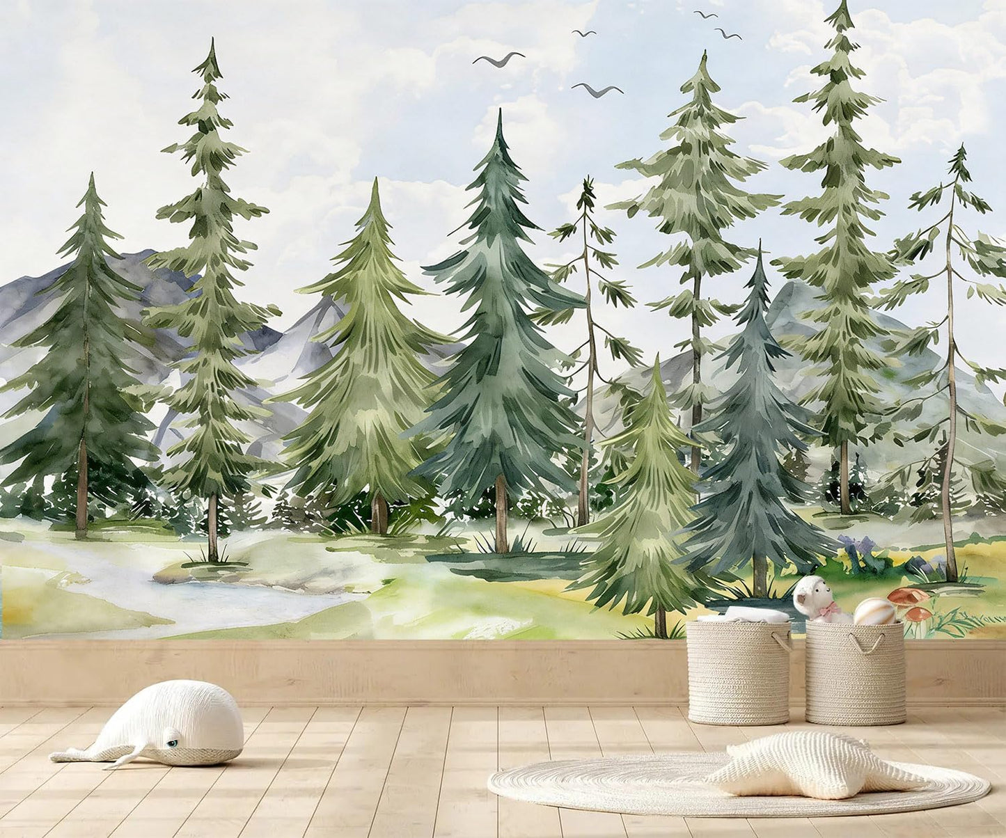Watercolor Cartoon Forest Pine Tree self-Adhesive Wallpaper murals for Nursery / Zz12 / 79 x 55