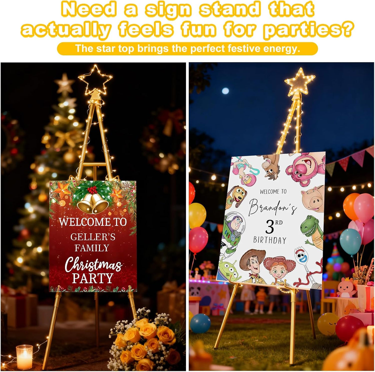 Interchangeable Bow & Star Top Gold Easel Stand for Sign, 62"–47" Height Adjustable Heavy Duty Wedding Easel Stand with