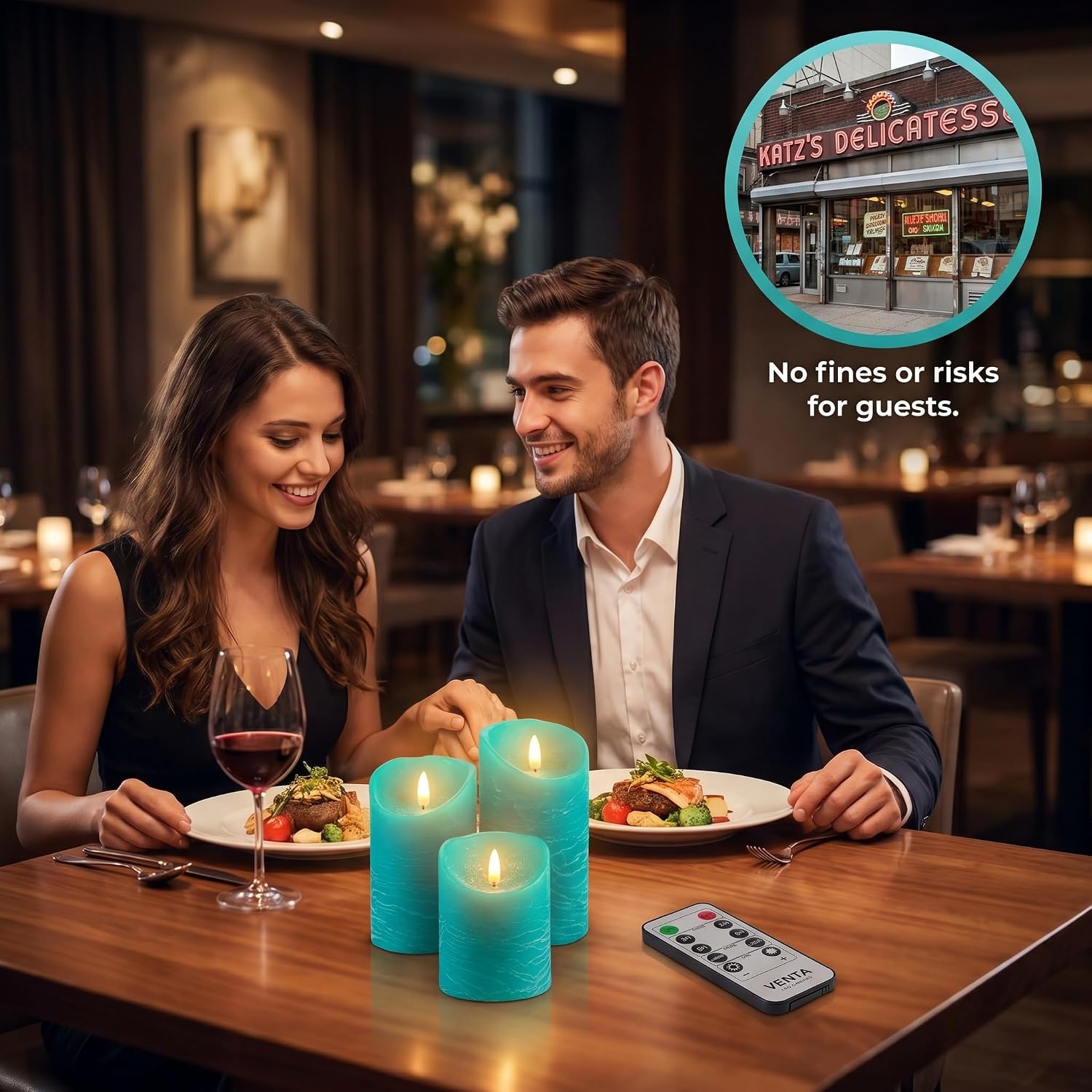 VENTA Turquoise Real Wax Flameless Candles, Set of 3 | Realistic Teal LED Pillar Candles with Remote & Timer | Perfect