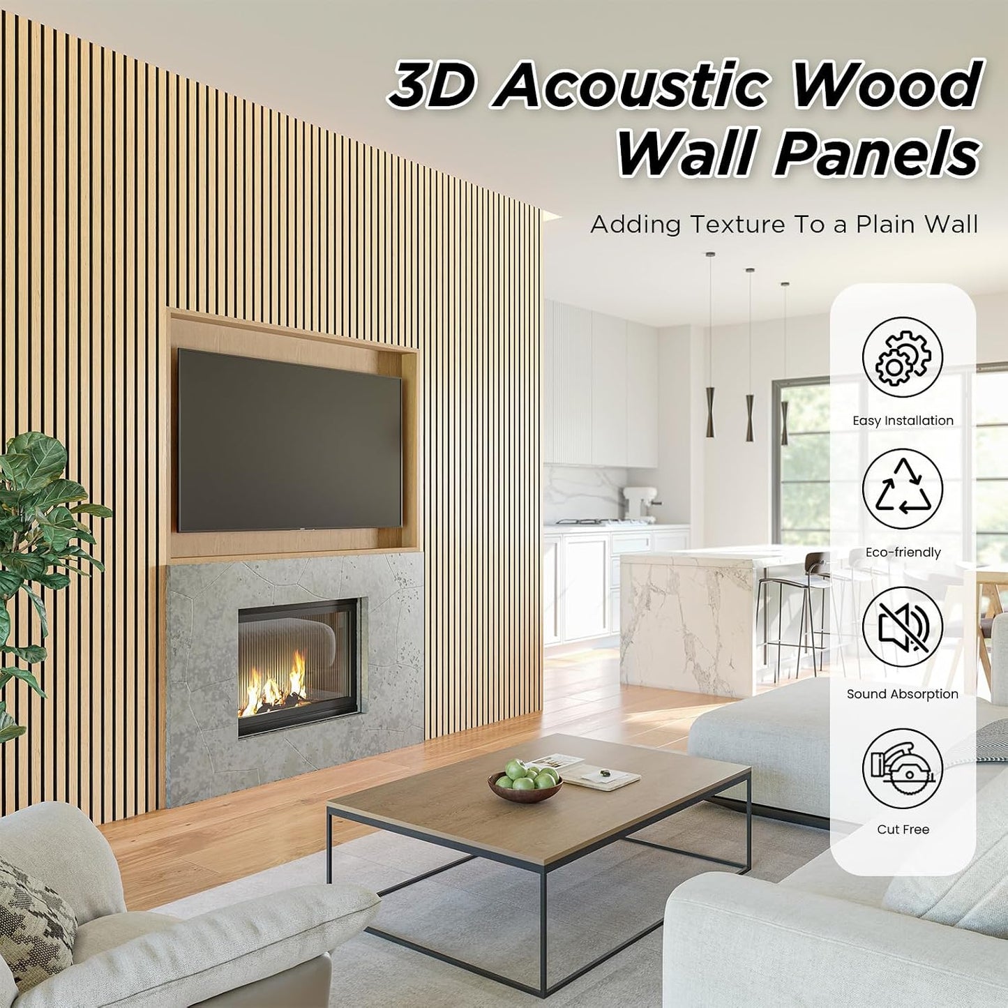 SMARTSTANDARD 2 Pack 106" x 12.6" Wood Slat Wall Panels, White Oak | Soundproof Wooden Wall Panels, Acoustic Wood