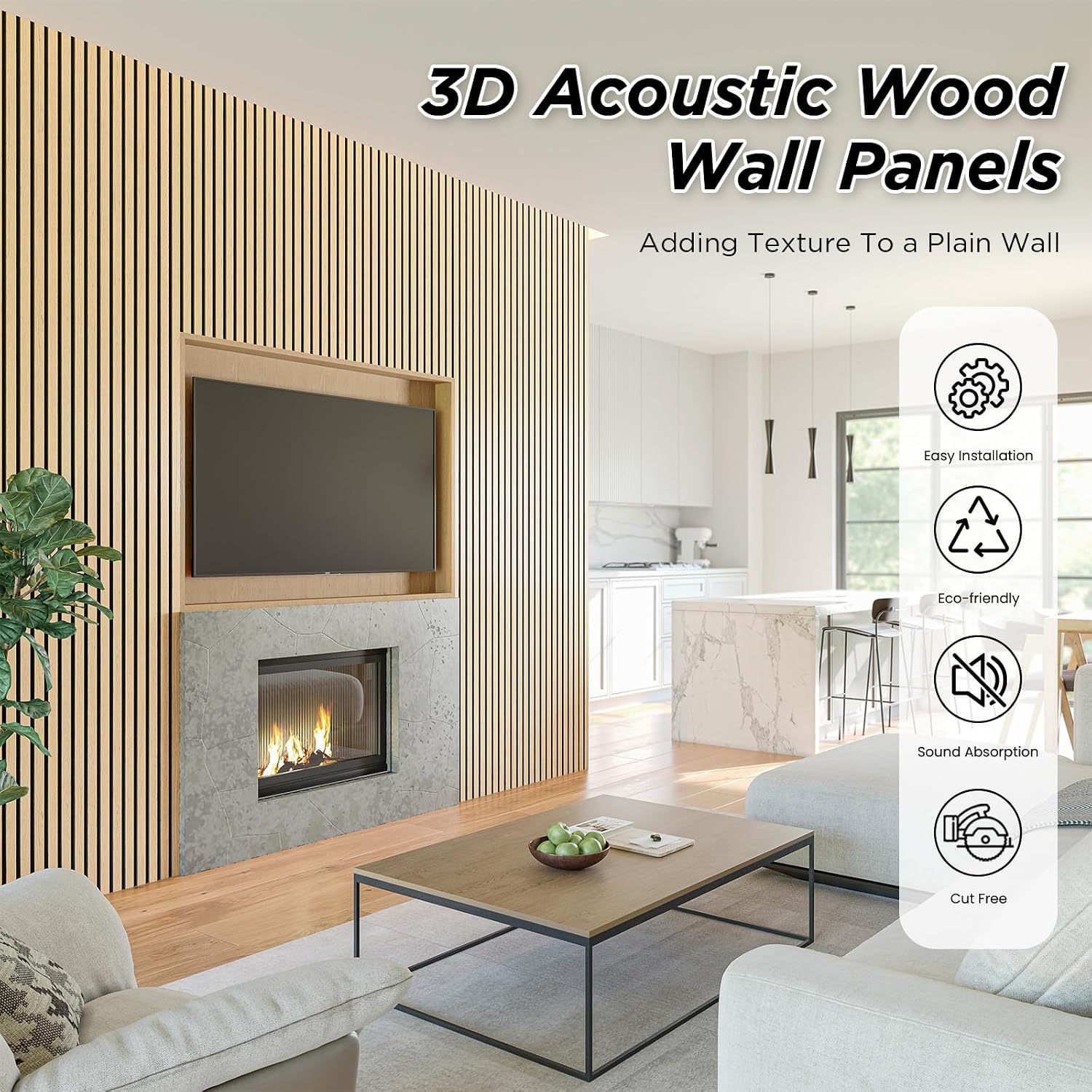 SMARTSTANDARD 2 Pack 106" x 12.6" Wood Slat Wall Panels, White Oak | Soundproof Wooden Wall Panels, Acoustic Wood