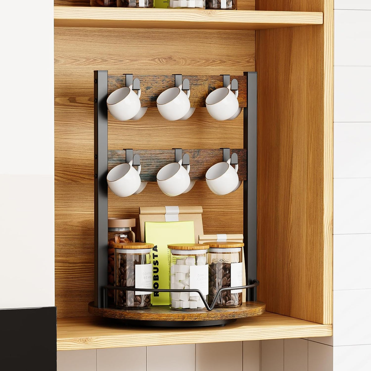 KLM Wood Coffee Mug Holder,12 Hook Mug Tree Holder Rack with Storage Base,Mug Display Organizer,Mug Holders for Home