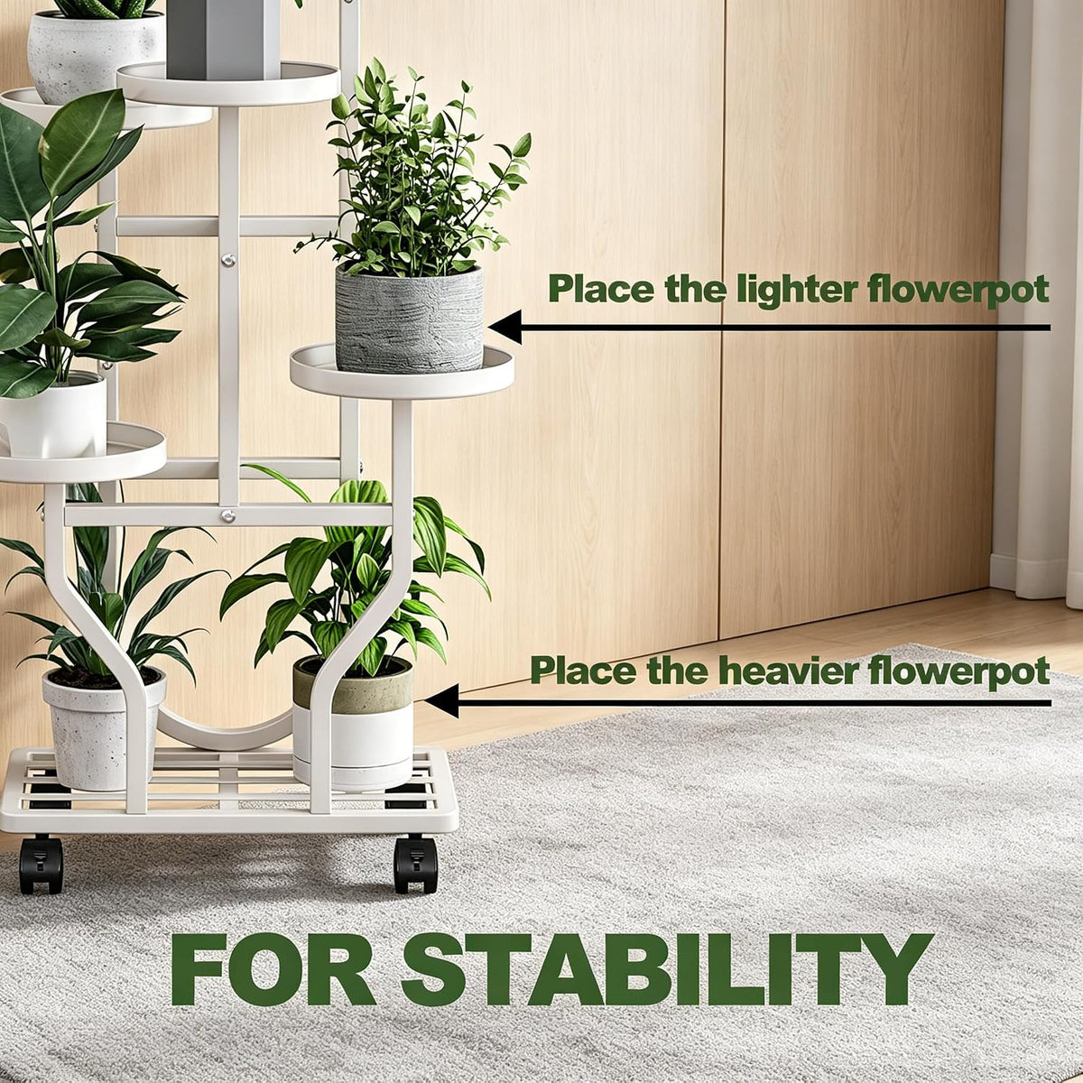Plant Stand with Wheels, White 6 Tier Metal Plant Shelf for Indoor Outdoor | Corner Plants Stand Indoor for Bedroom