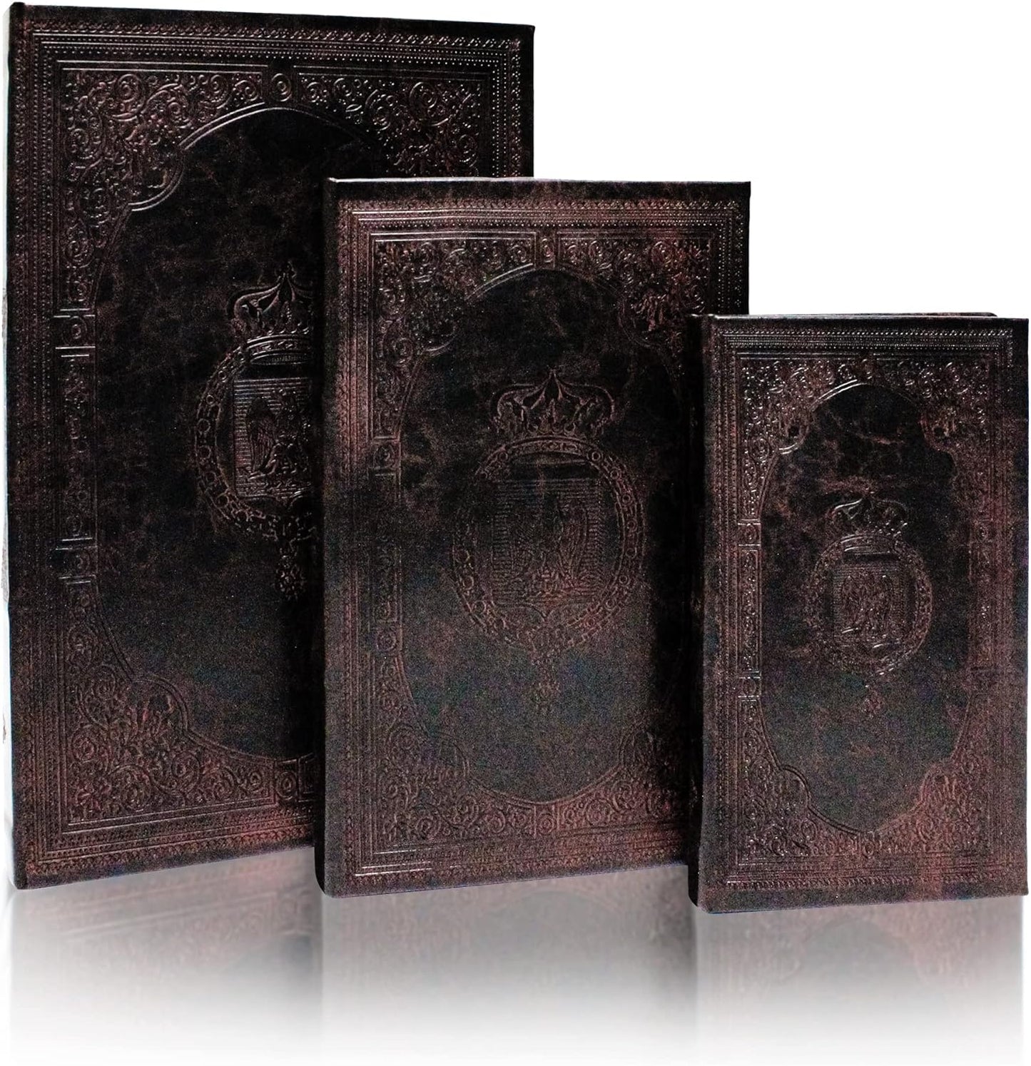 Vintage Style Book Shaped Storage Box / Leather Embossed Cover / Set of 3