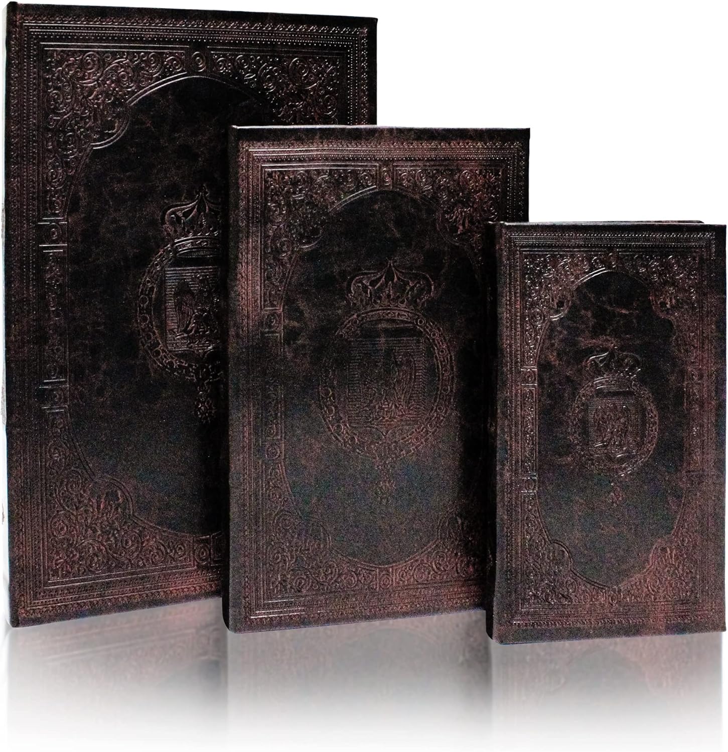 Vintage Style Book Shaped Storage Box / Leather Embossed Cover / Set of 3