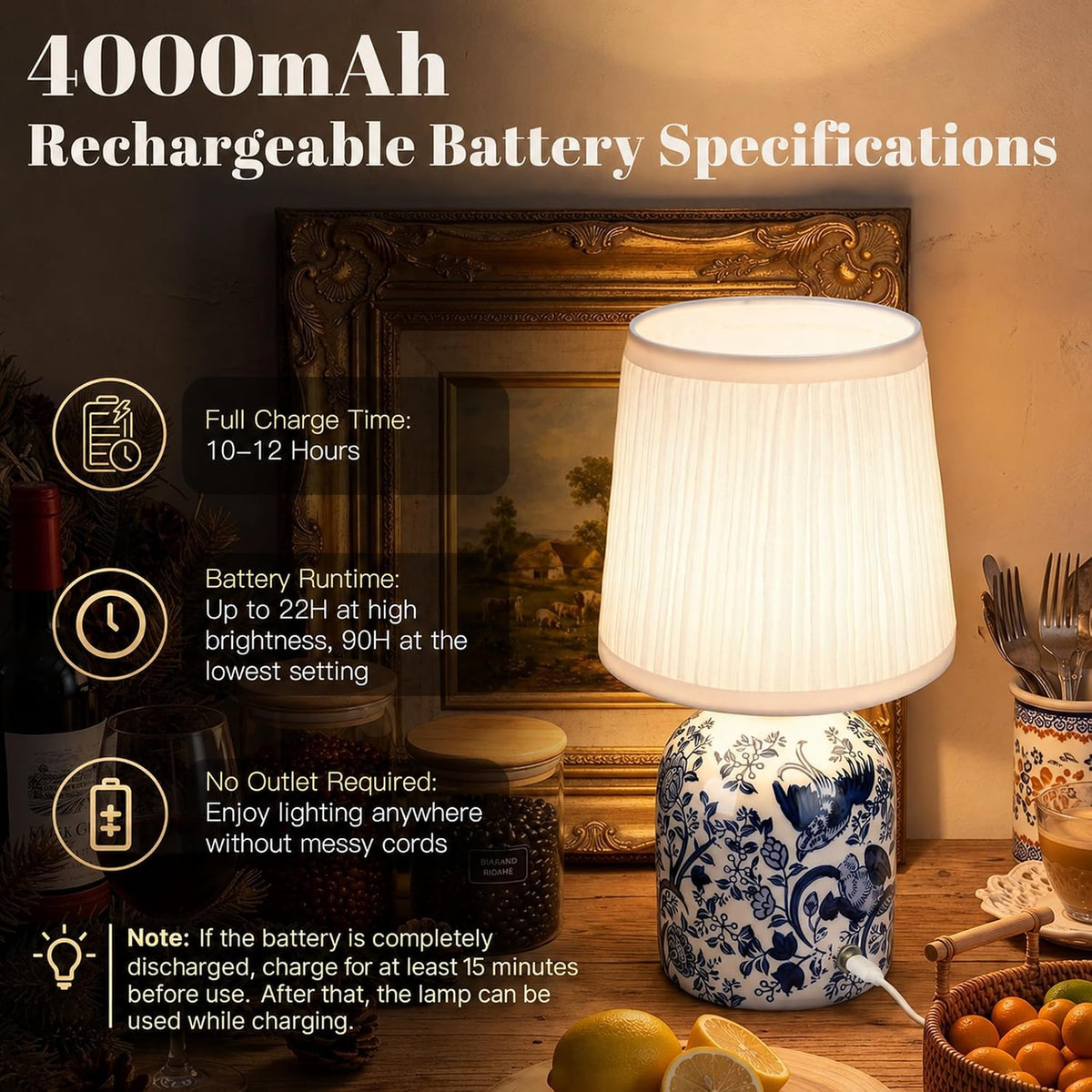 ShineTech Rechargeable Cordless Small Ceramic Table Lamps Set of 2, Blue
