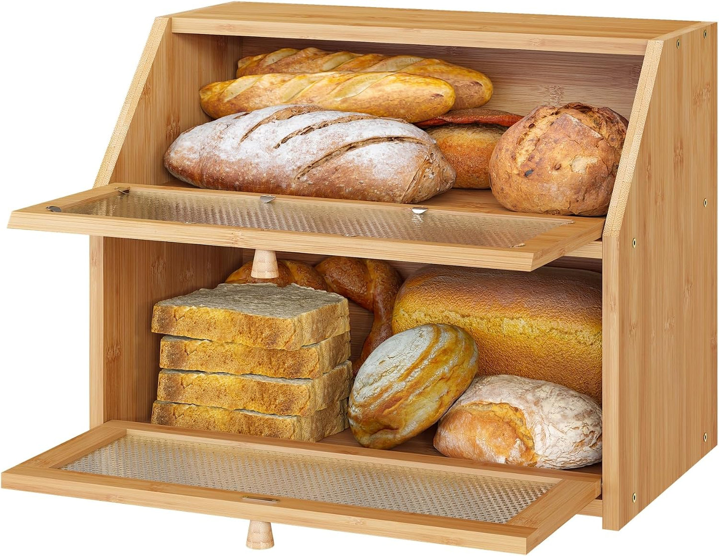 Bread Box, Bamboo Wood Bread Box for Kitchen Counter, Double-layer Bread Storage Bin, Acrylic glass with Diamond