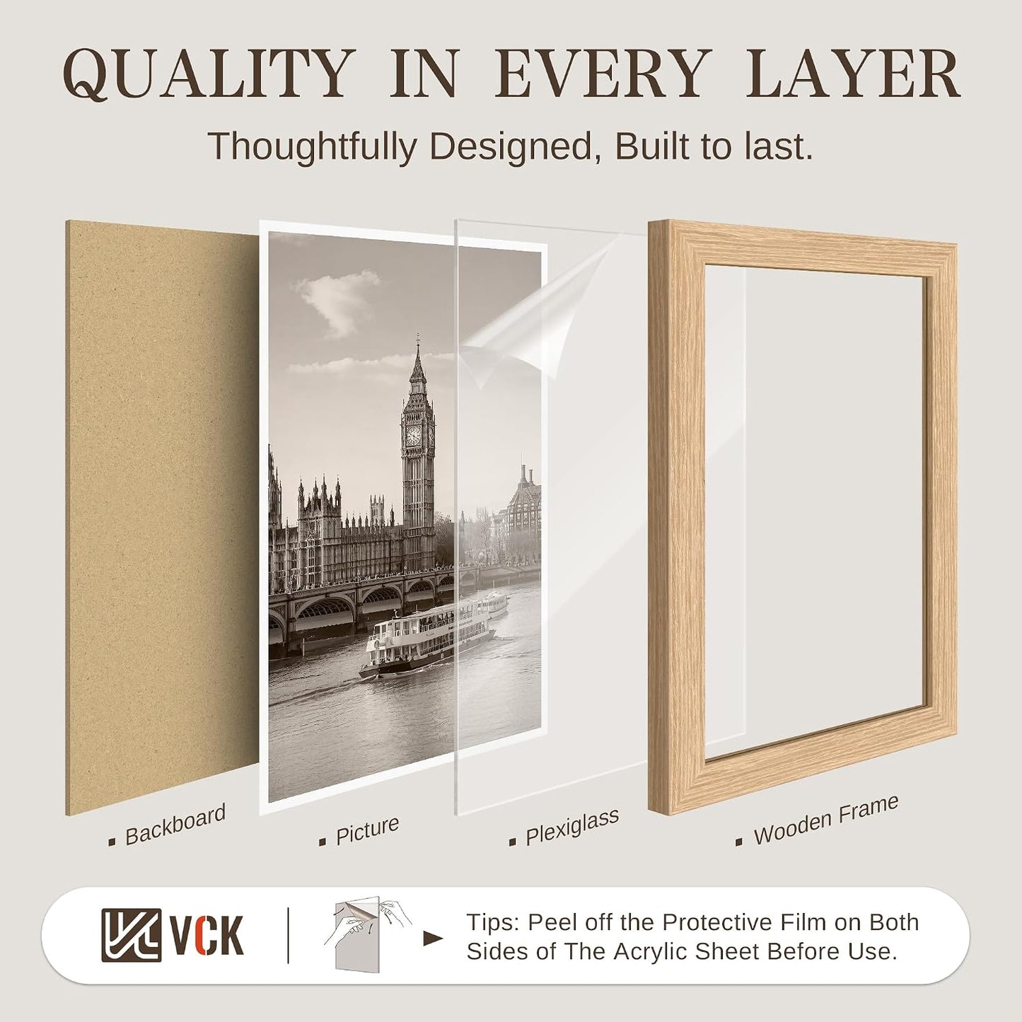 VCK 24x36 Poster Frame Set of 6, Elegant Oak Wood Picture Frame | 1.1in Wide Border, Wall Hanging, HD Plexiglass