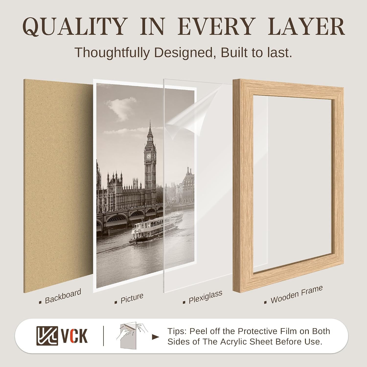 VCK 24x36 Poster Frame Set of 6, Elegant Oak Wood Picture Frame | 1.1in Wide Border, Wall Hanging, HD Plexiglass