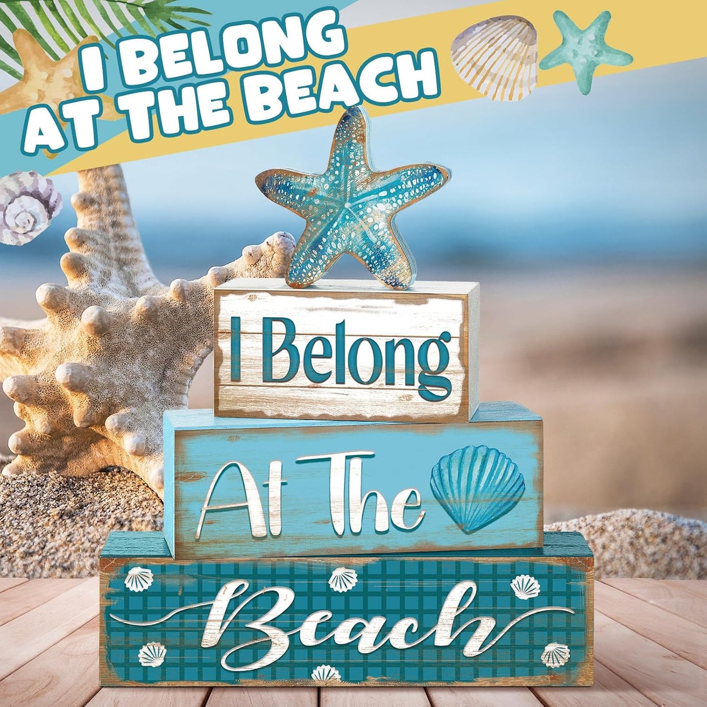 Starfish Decoration Summer Tiered Tray Decor At The Beach Wooden Sign / Starfish Style / Set of 4