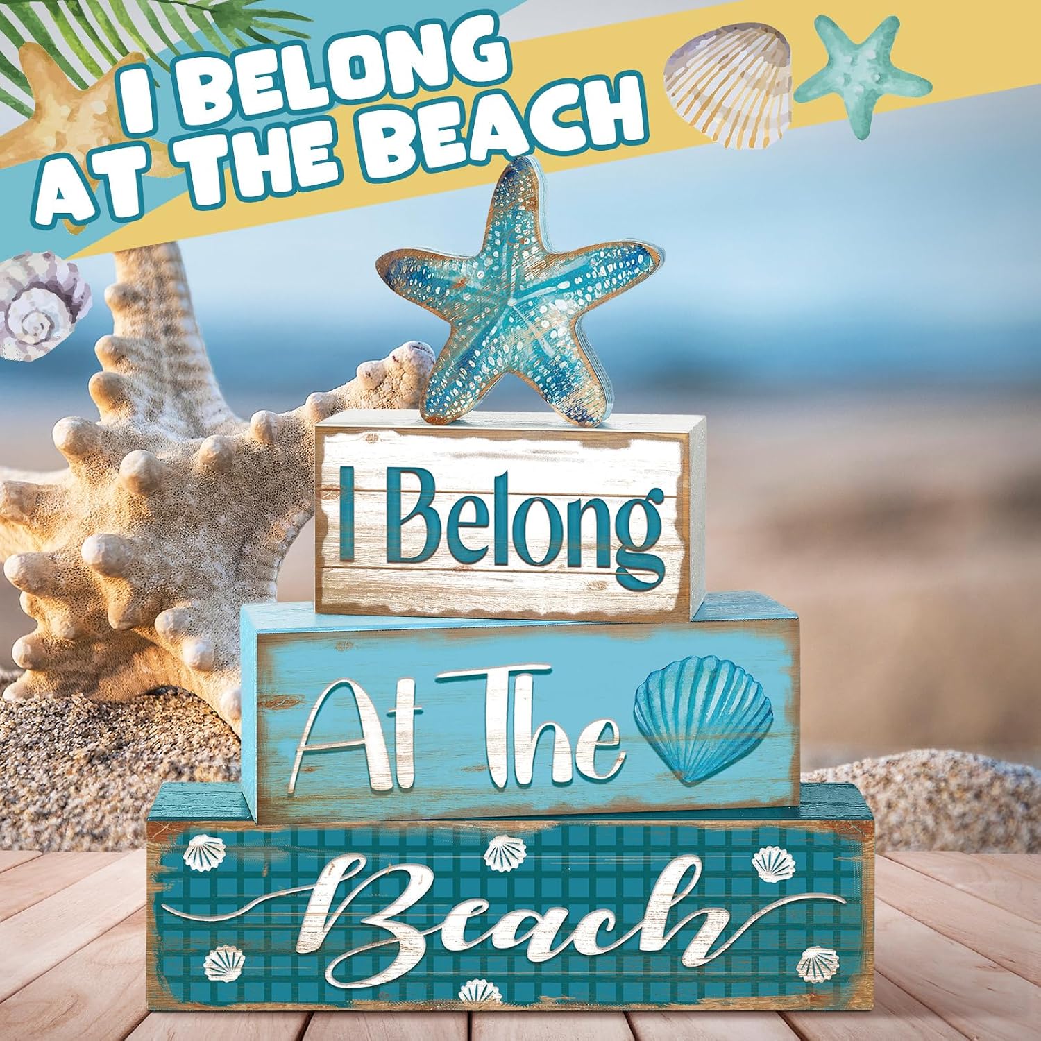 Starfish Decoration Summer Tiered Tray Decor At The Beach Wooden Sign / Starfish Style / Set of 4