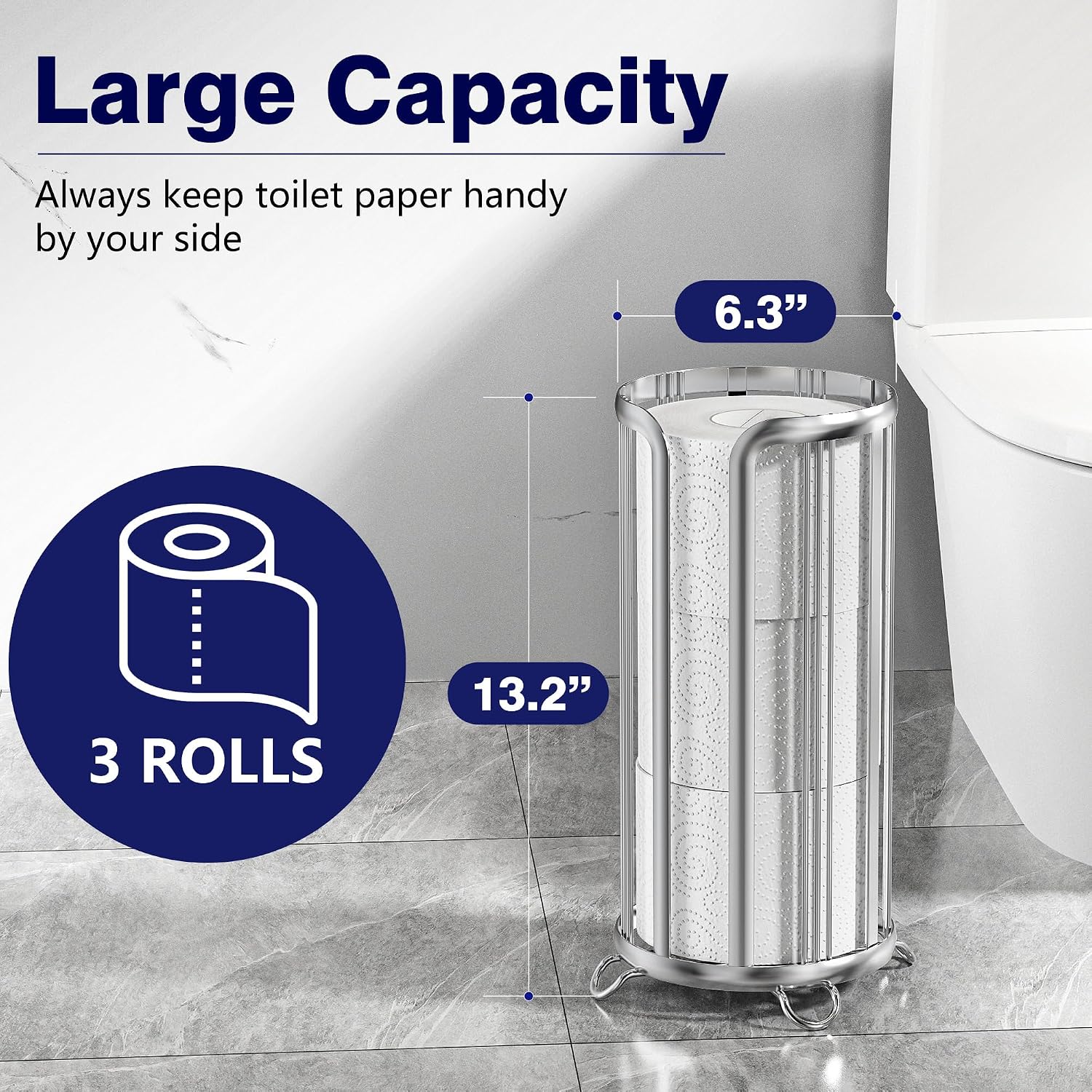Epicano Toilet Paper Holder Stand Frees Standing,Silver | Minimalist Design, Raised Feet,Rustproof,Fit 3 Mega Rolls,No