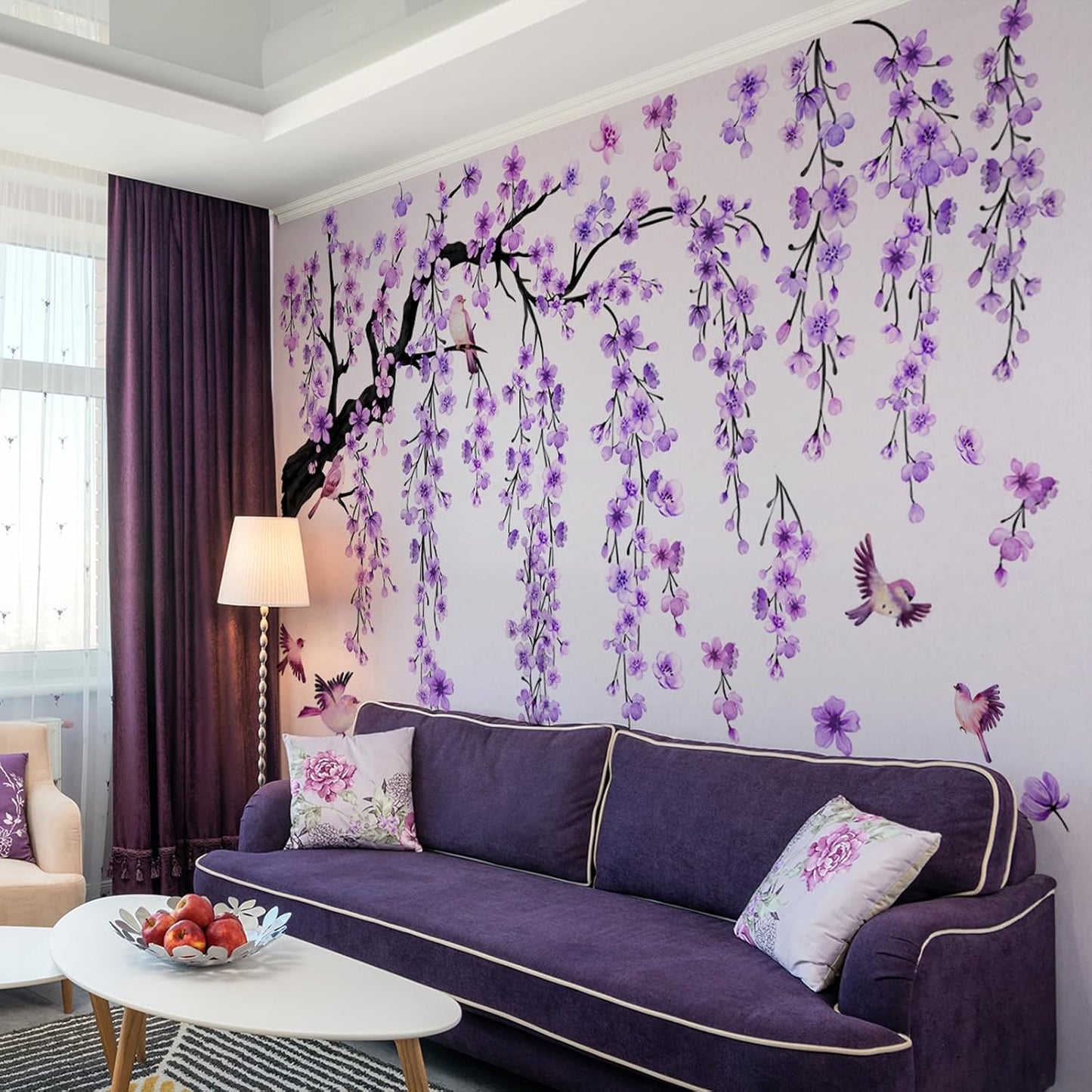 Cherry Blossom Branch Wall Stickers Large Right-Extending Floral Bird Wall Decals Peel / Purple