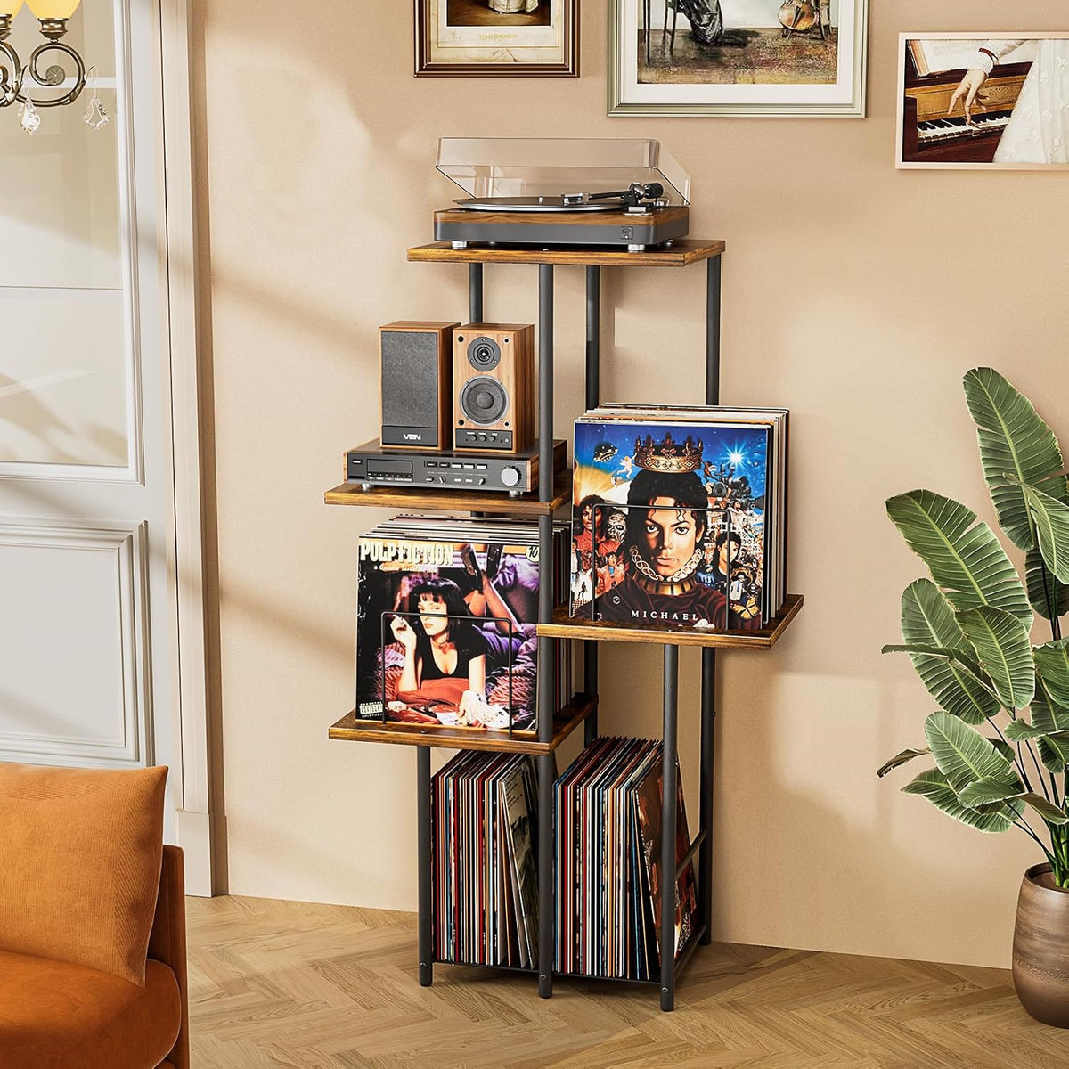 Record Player Stand, Vinyl Record Storage Holder with Display Shelf, Turntable Stand Table with Vinyl Organizer