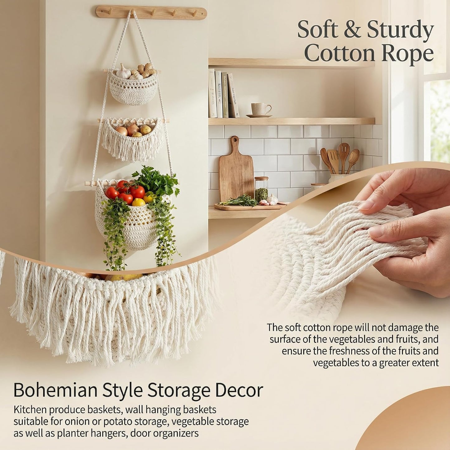 Hang Basket / Jute Wall Baskets / 3 Tier / Standard / White