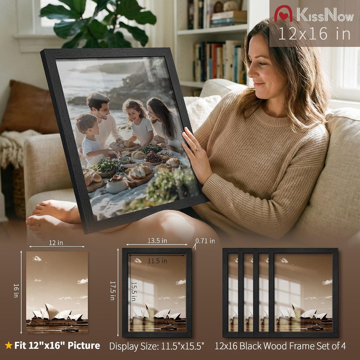 12x16 Picture Frame 4 Pack, Black Solid Wood, Gallery Wall Hanging | Thick & Wide Border, HD Tempered Glass, Vertical