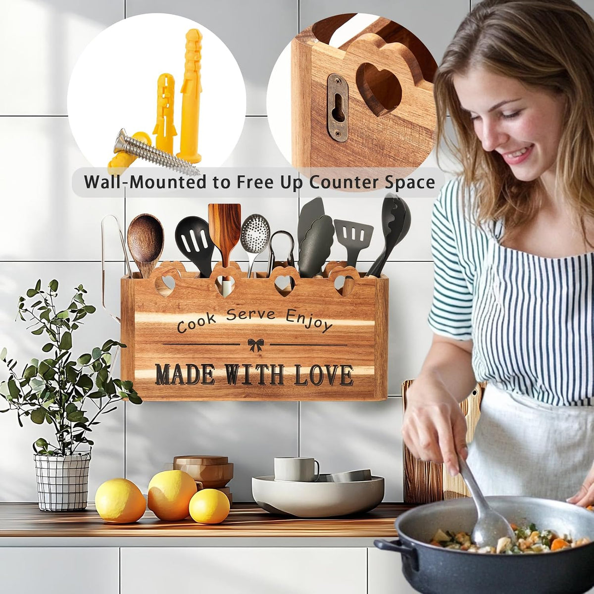 Kitchen Utensil Holder, Large Acacia Wood Organizer for Countertop | Extra Large Farmhouse Style with 4 Compartments
