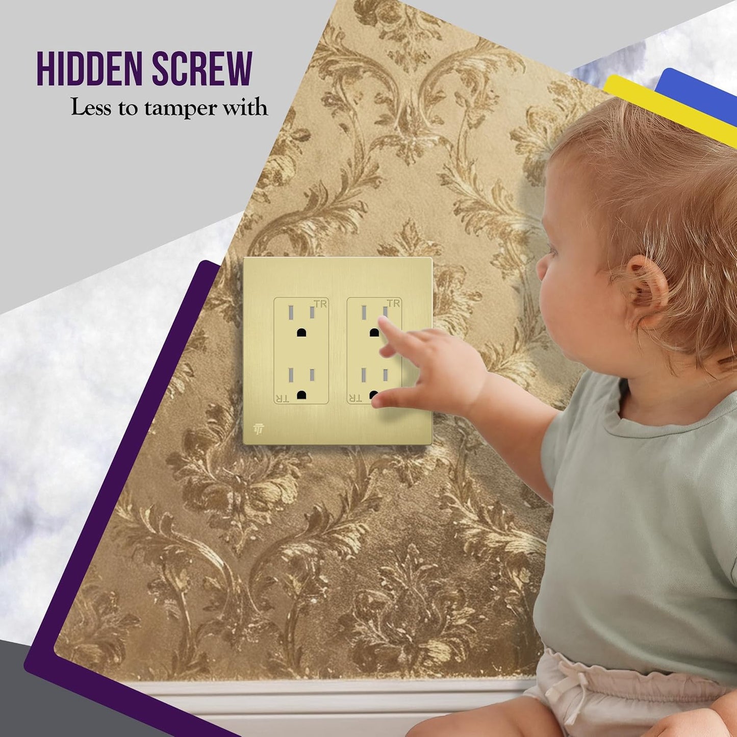 ENERLITES 2-Gang Brushed Gold Screwless Decorator Wall Plate Outlet Cover | 10 Pack, Size 4.68" x 4.73", Fits light