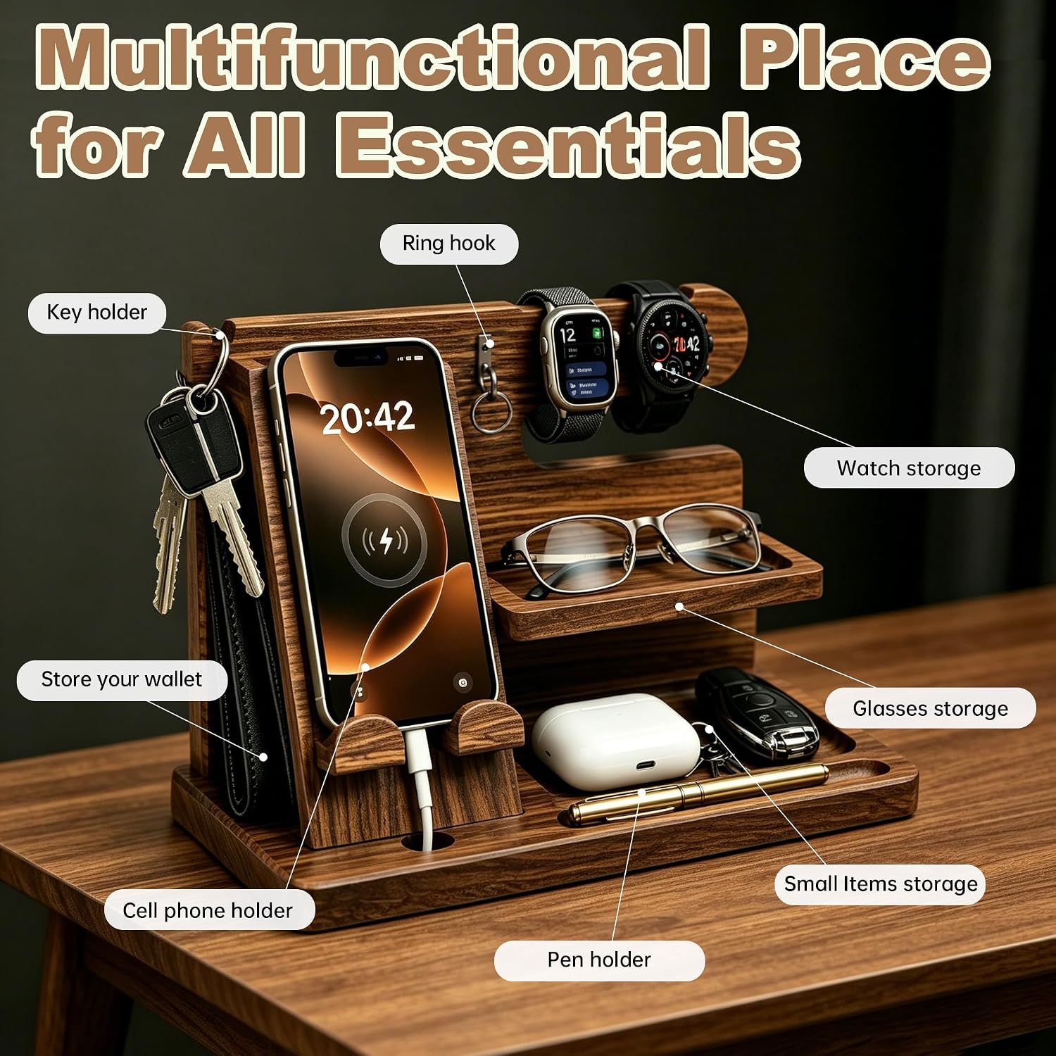 Gifts for Men Wood Phone Docking Station Birthday Gift for Men Valentines Day Gifts Father Gift for Him Boyfriend