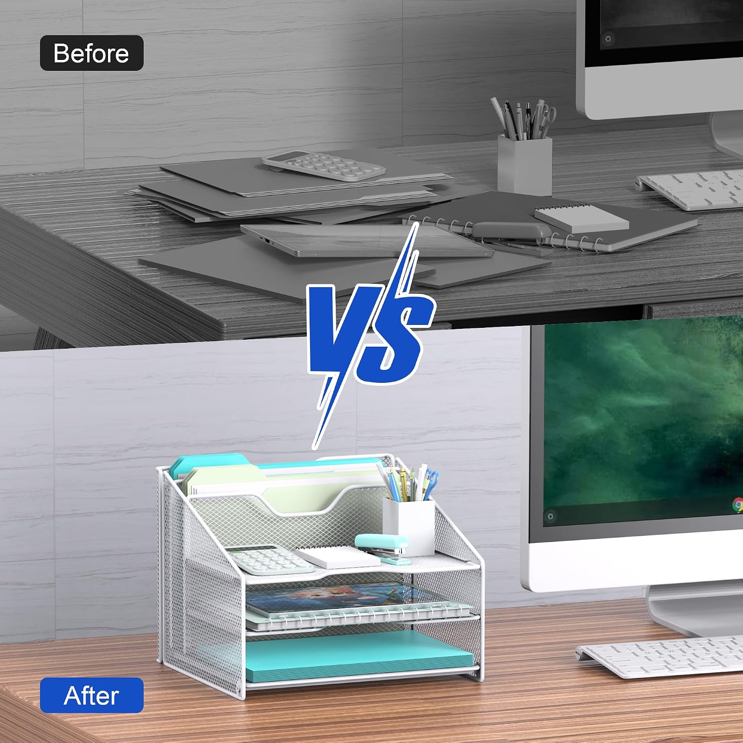 Samstar White Desk File Organizer, Mesh Letter File Folder Holder with 3 Paper Trays and 2 Vertical Upright Section