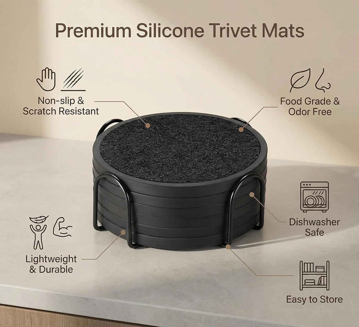 Holder / Soft Felt Insert / 4.3 Inch Coasters with 4.5 Inch Holder / Black