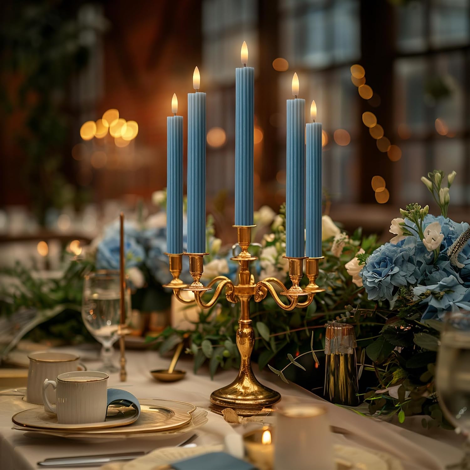 10" Fluted Ribbed LED Blue Grooved Pillar Candles with 2 Remotes & 24h Timer Memory, On/Off Switch - Flameless Dimmable