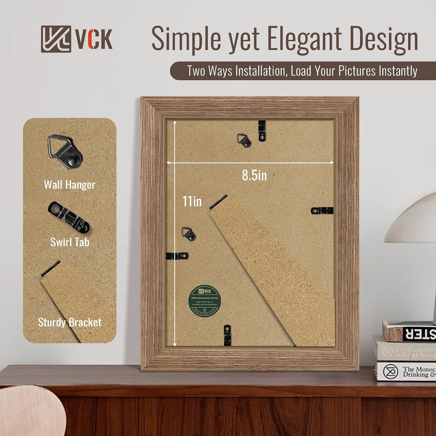 VCK 8.5x11 Picture Frame Walnut 4 Pack, Wide Thick Wood Border, for Prints | Exclusive Woodgrain, Wall/Tabletop, HD