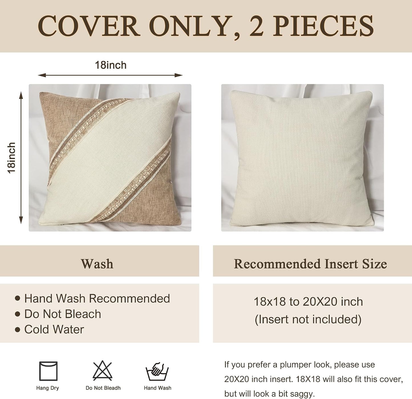 Boho Patchwork Linen Throw Pillow Covers / Diagonal Trim-khaki / 18 x 18 / Beige / Set of 2