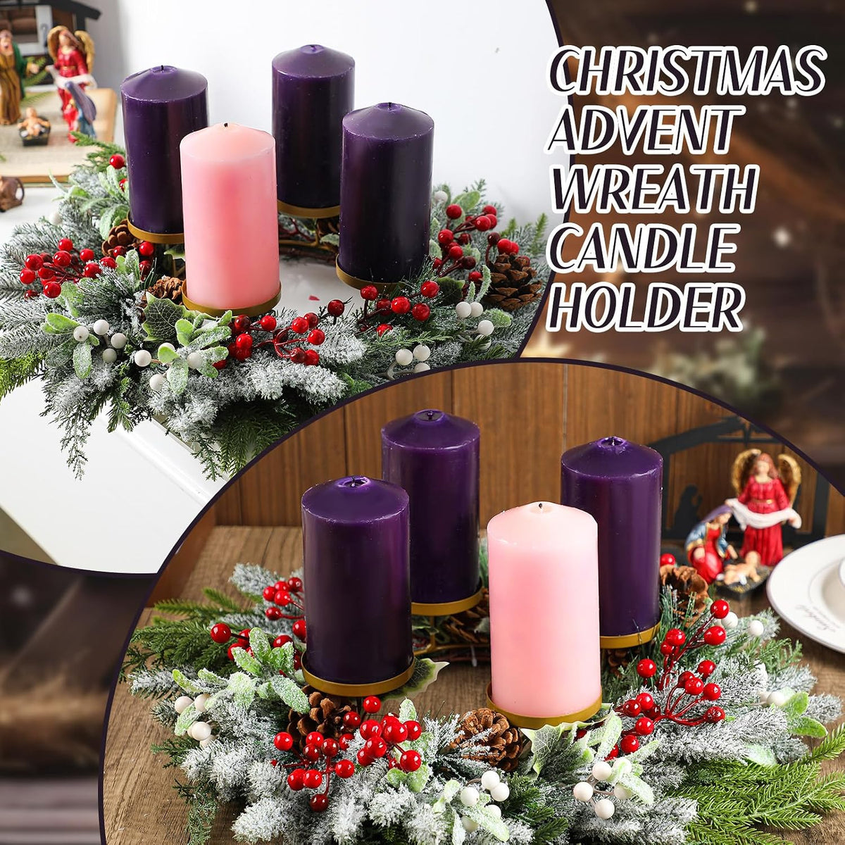 Reallnaive Large Christmas Advent Wreath Candle Holder with Norfolk Pine, Cedar, Mistletoe 19 Inch Rustic Advent