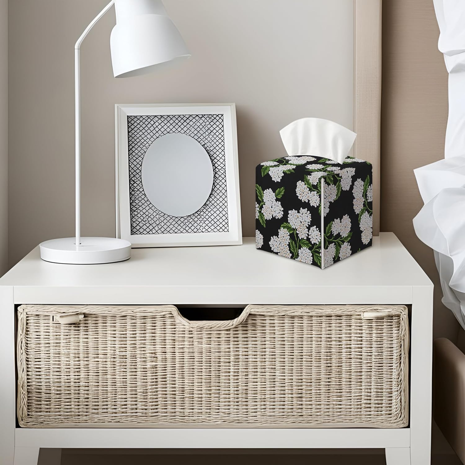 Black and White Hydrangea Square Faux Leather Tissue Box Cover Holder / Black Hydrangea