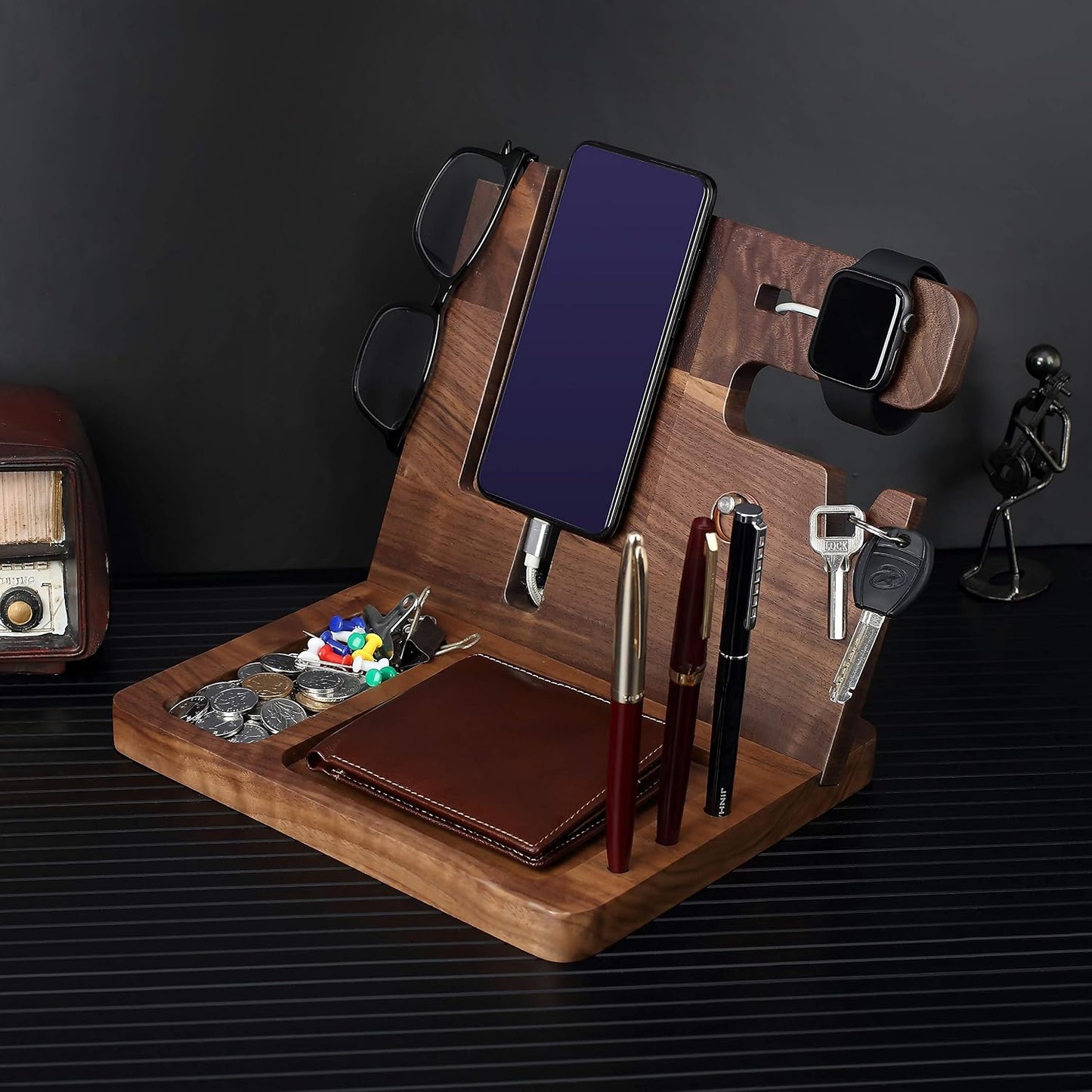 awofer Gifts for Men - Ebony Wood Phone Docking Station - Nightstand with Key Holder, Wallet Stand and Watch Organizer