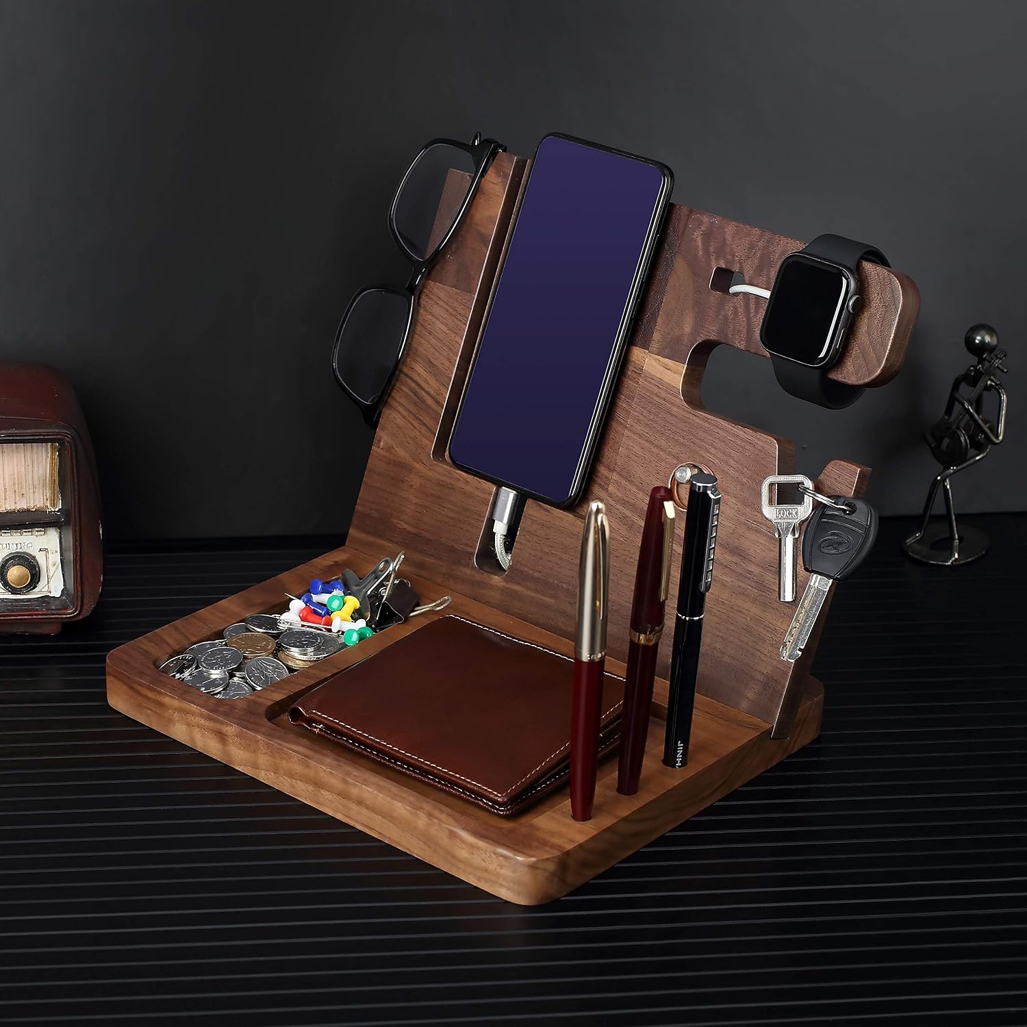 awofer Gifts for Men - Ebony Wood Phone Docking Station - Nightstand with Key Holder, Wallet Stand and Watch Organizer