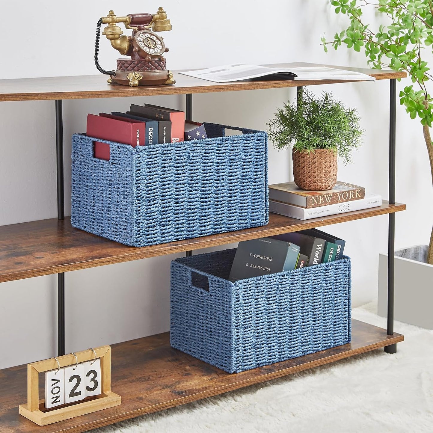 Wicker Storage Basket / Blue / 15.2"D x 10"W x 8.6"H / Set of 2