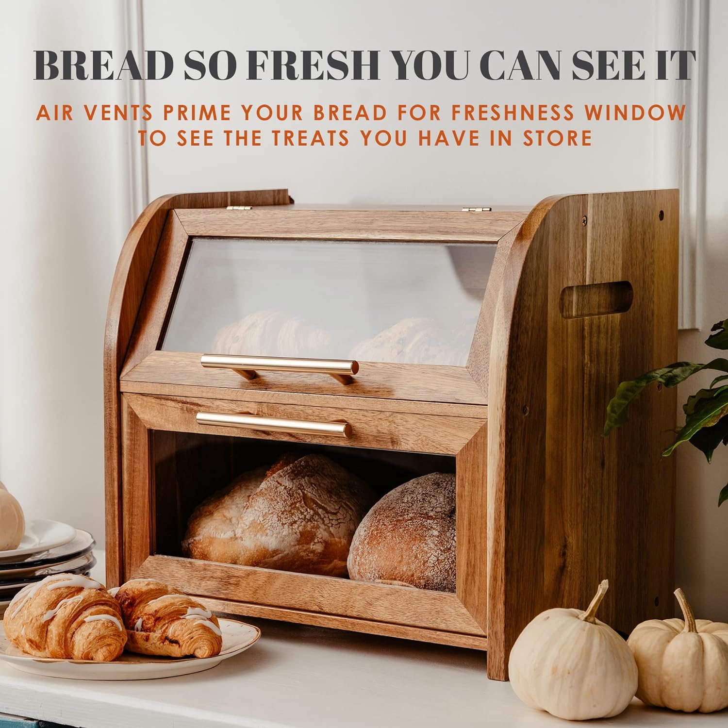 Arise Acacia Wooden Bread Box for Kitchen Countertop, Extra Large 2-Shelf | Bread Storage Container with Clear Windows