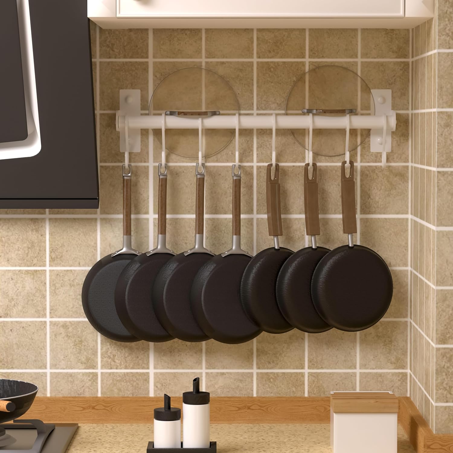 Kitchen Utensil Holder Hanger, Pot and Pan Rack Wall Mounted, Kitchen Rail with 8 Hooks for Hanging Cooking Utensils