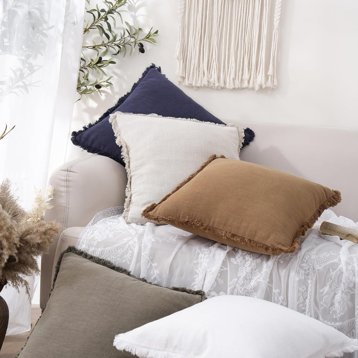 Decorative Linen Fringe Throw Pillow Covers Boho Farmhouse Cushion / 18 x 18 / Brick / Set of 2