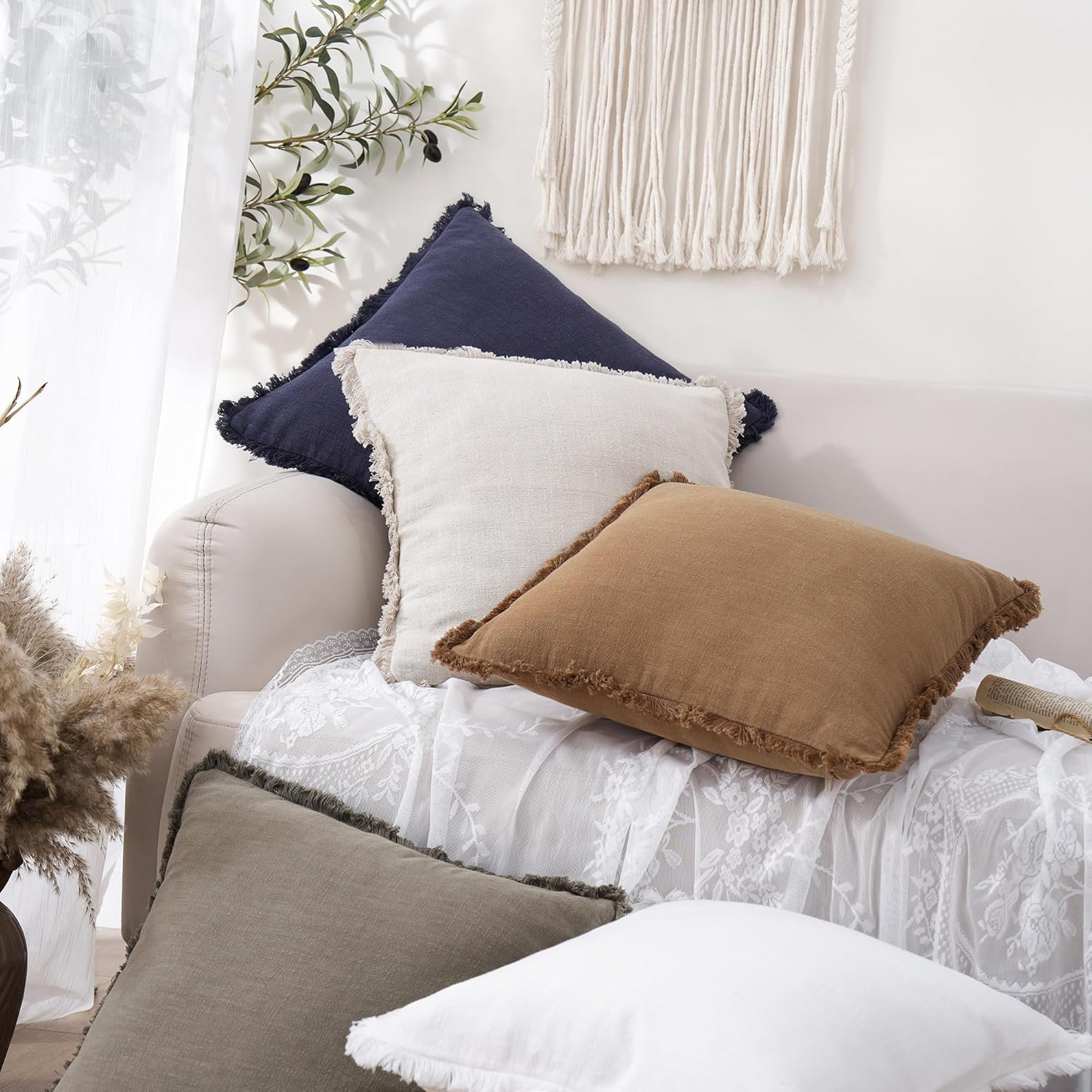 Decorative Linen Fringe Throw Pillow Covers Boho Farmhouse Cushion / 18 x 18 / Brick / Set of 2