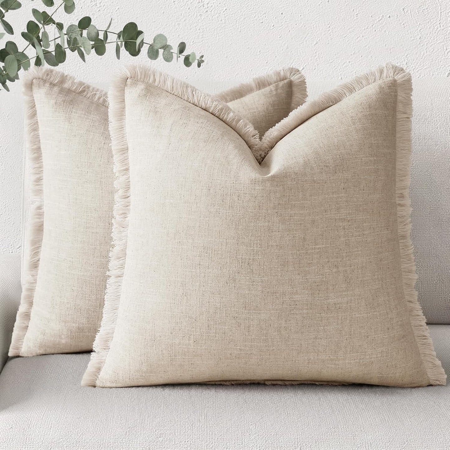 MIULEE Boho Linen Fringe Decorative Fall Throw Pillow Covers Coffee 18x18
