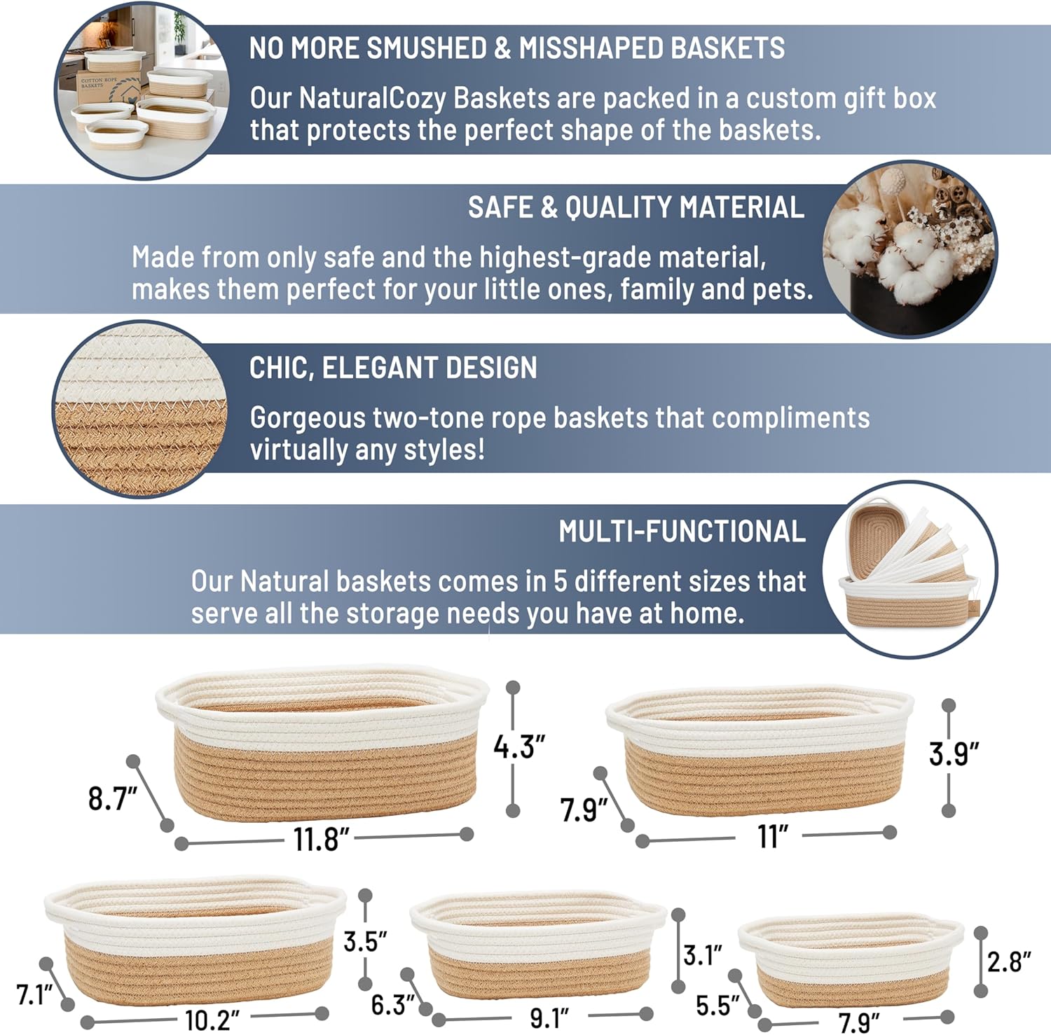 5-Piece Rectangle Storage Basket Set- Natural Cotton Rope Woven Baskets / Off White & Jute