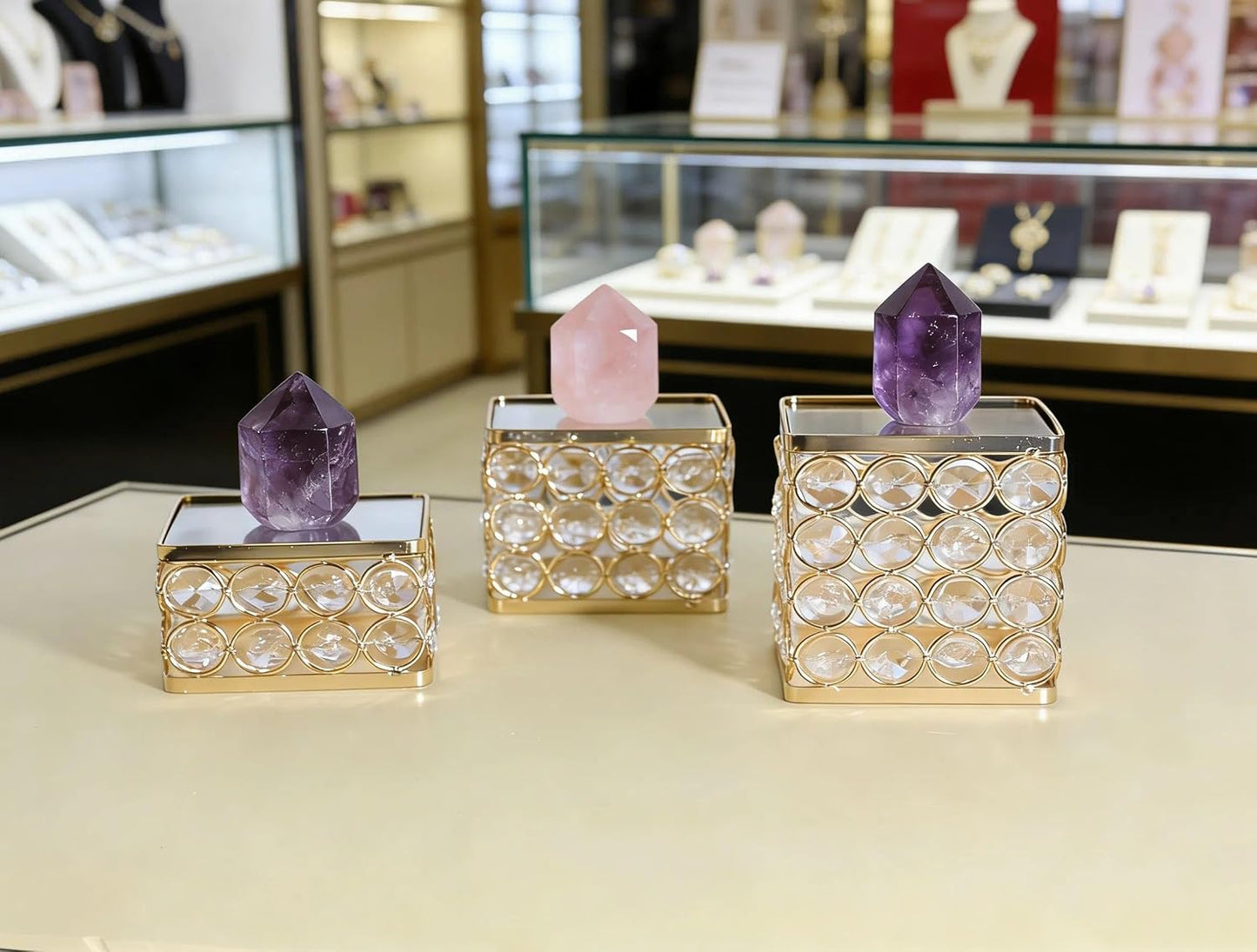 Crystal Jewelry Watch Display Stands Mirrored Risers Decorative Crystals Perfume / Gold / Set of 3