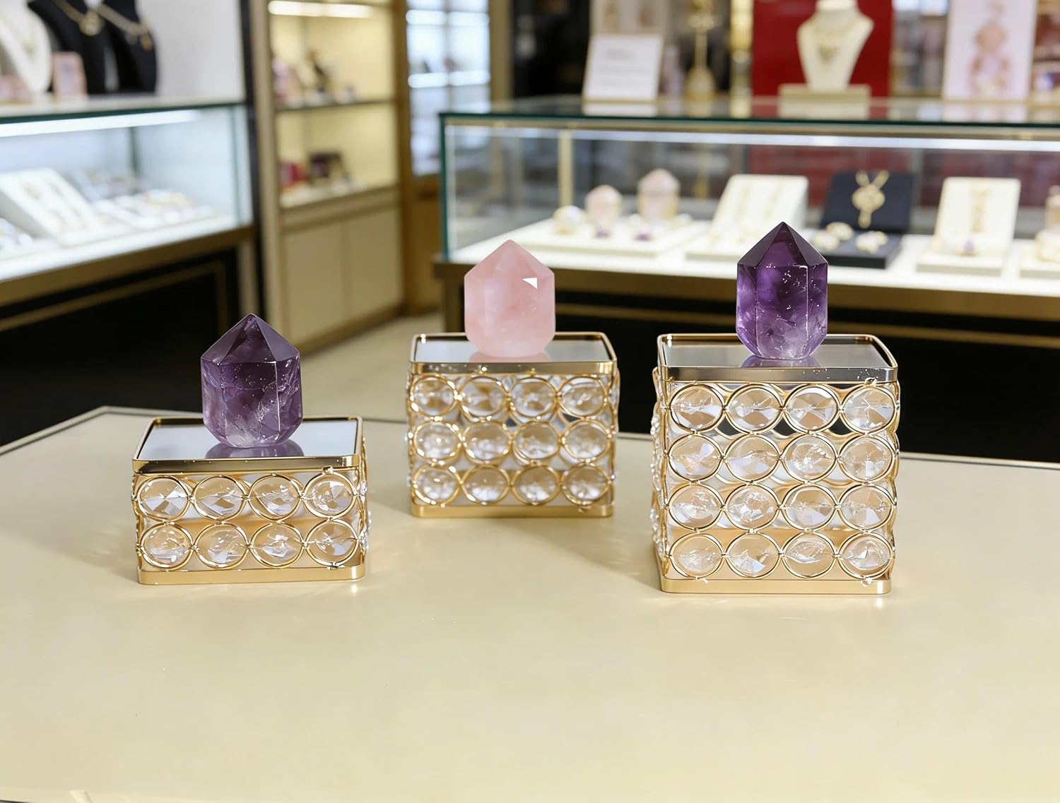 Crystal Jewelry Watch Display Stands Mirrored Risers Decorative Crystals Perfume / Gold / Set of 3