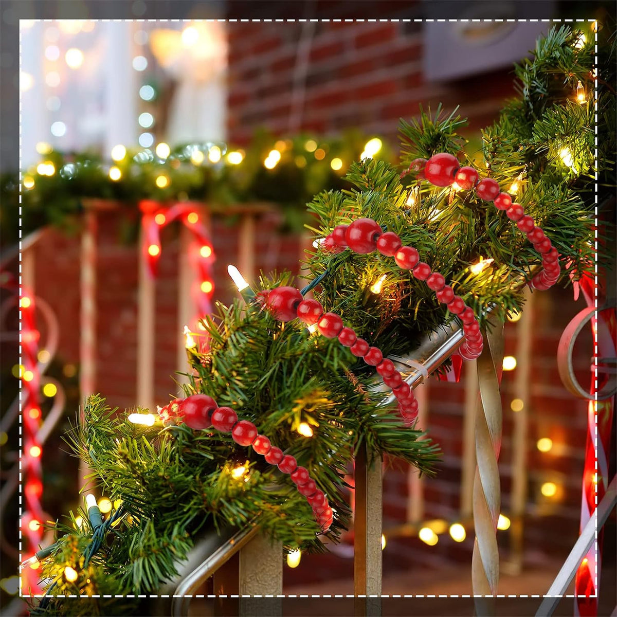 Yinder 4 Pcs 48 ft Red Wood Bead Garland for Christmas Tree Rustic Wooden Christmas Garland Decorations Natural Wall