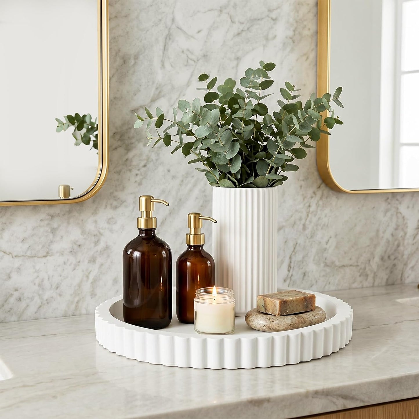 Modern Minimalist Wooden Round Decor Tray / White / Set of 2