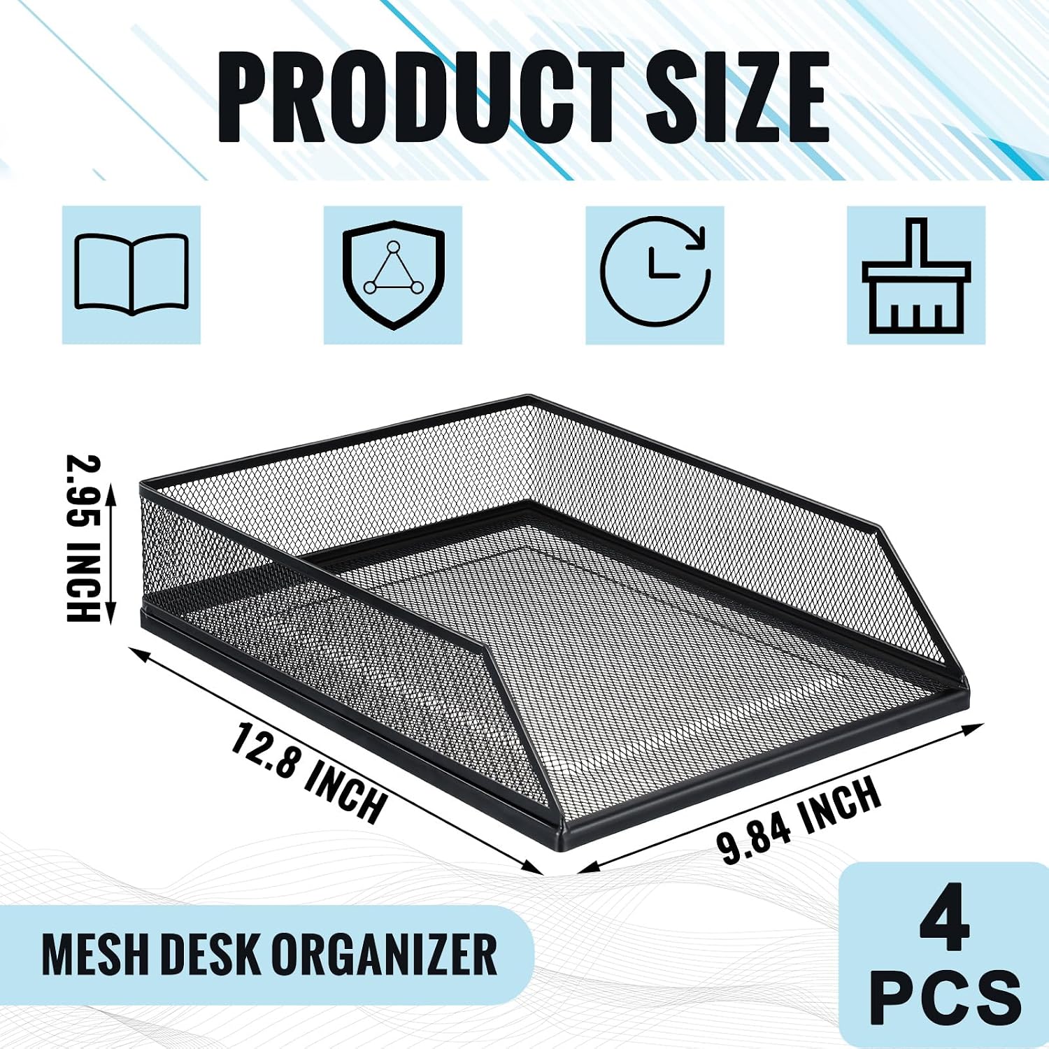 Hicarer 4 Pcs Black Metal Letter Tray Stackable Desk Tray Single Wire Mesh Organizer Front Load File Paper Holder for