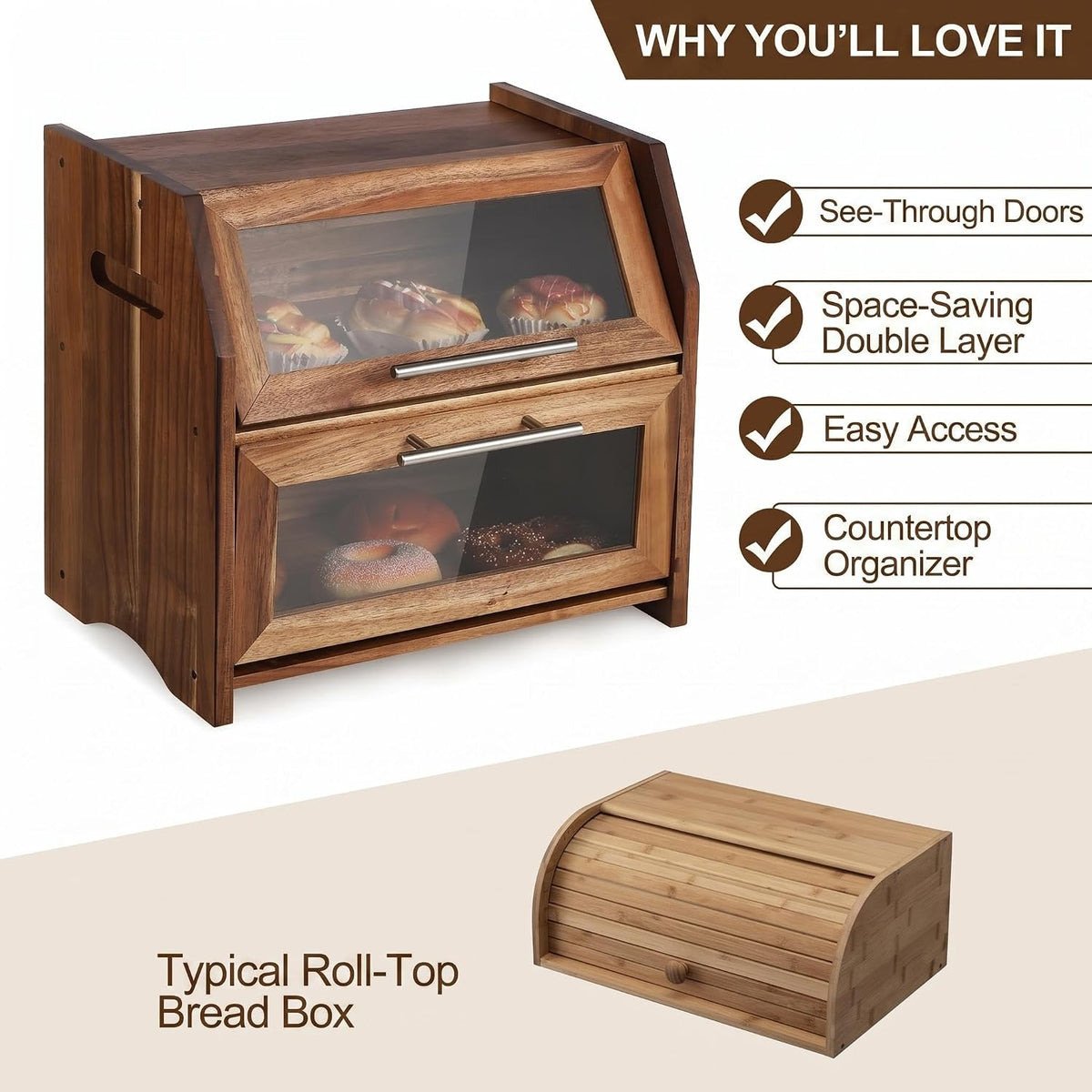 Garvee Acacia Wood Double Layer Bread Box, Clear Acrylic Door | Ventilation Design, Compact Countertop Organizer