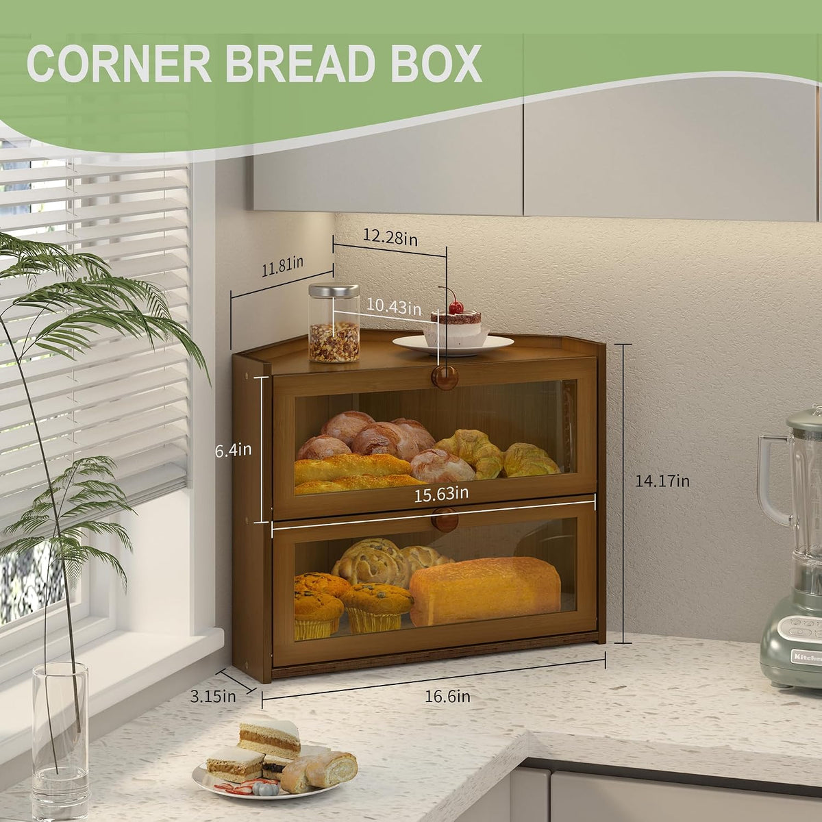 JANSNIMEN Corner Bread Box for Kitchen Countertop Bamboo Bread Holder Large | Large Capacity Bread Container Storage